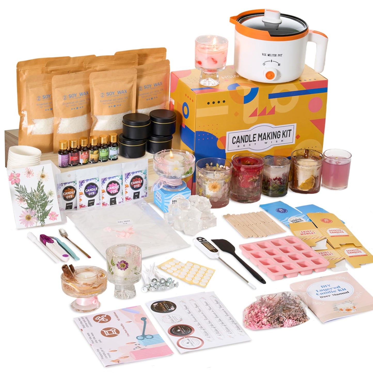 Soy Wax & Jelly Wax 2-in-1 Candle Making Kit – Complete DIY Candle Making Kit with Wax Melting Pot, 6 Scents, 4 Colors & Tools – Create Hands-On Memories, Crafted for Hobbyists & Personalized Gifting