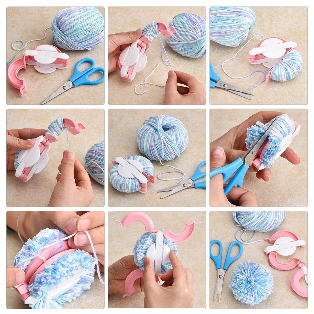 Pompom Maker Kit, Knitting Loom Fluff Ball Weaver Needle Craft DIY Knitting Crochet Tool Kit,4PS Pompom Maker+10PS Knitting Stitch Markers+10PS Plastic Needles+12PS Acrylic Yarn+1PS Scissors(37b)