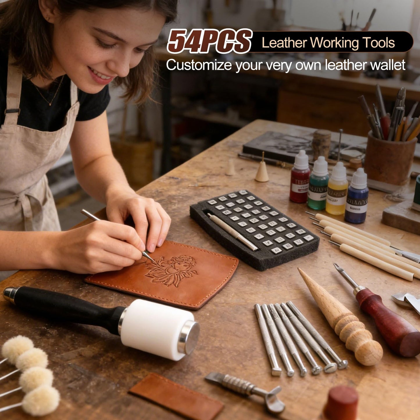 Leather Working Kit-Leather Crafting Tools with Cowhide and Paint Set-Men's Wallet DIY Kit-Hobbies for Women and Men-Art and Crafts for Adults- Birthday Gift for Men,Dad,Boyfriend,Husband