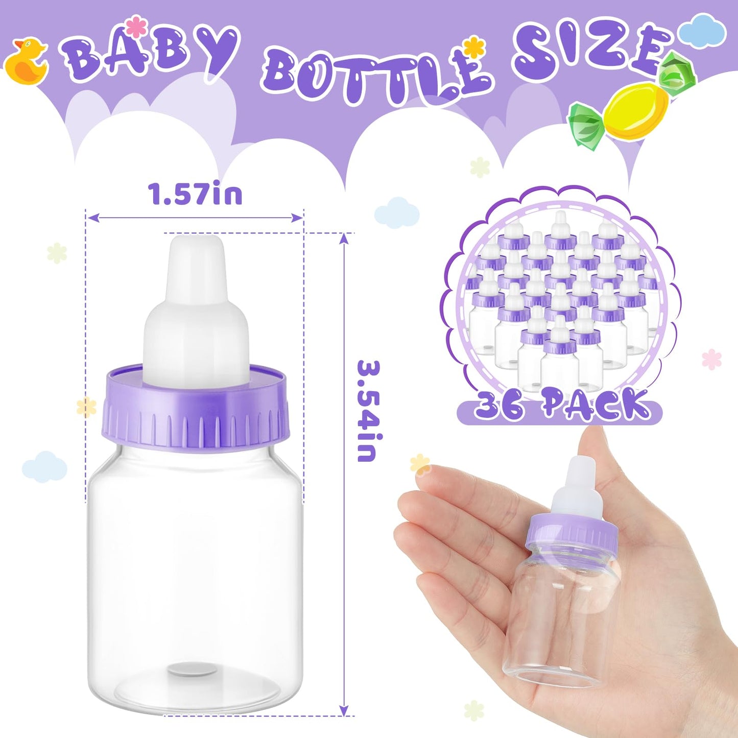 Patelai 36 Pcs 3.5 Inch Baby Bottle Shower Favor Mini Plastic Candy Bottle Clear Bottles for Baby Shower Mini Feeding Candy Figurine Coin Trinket Box for Mom to Be Party Baptism Newborn Gift(Purple)