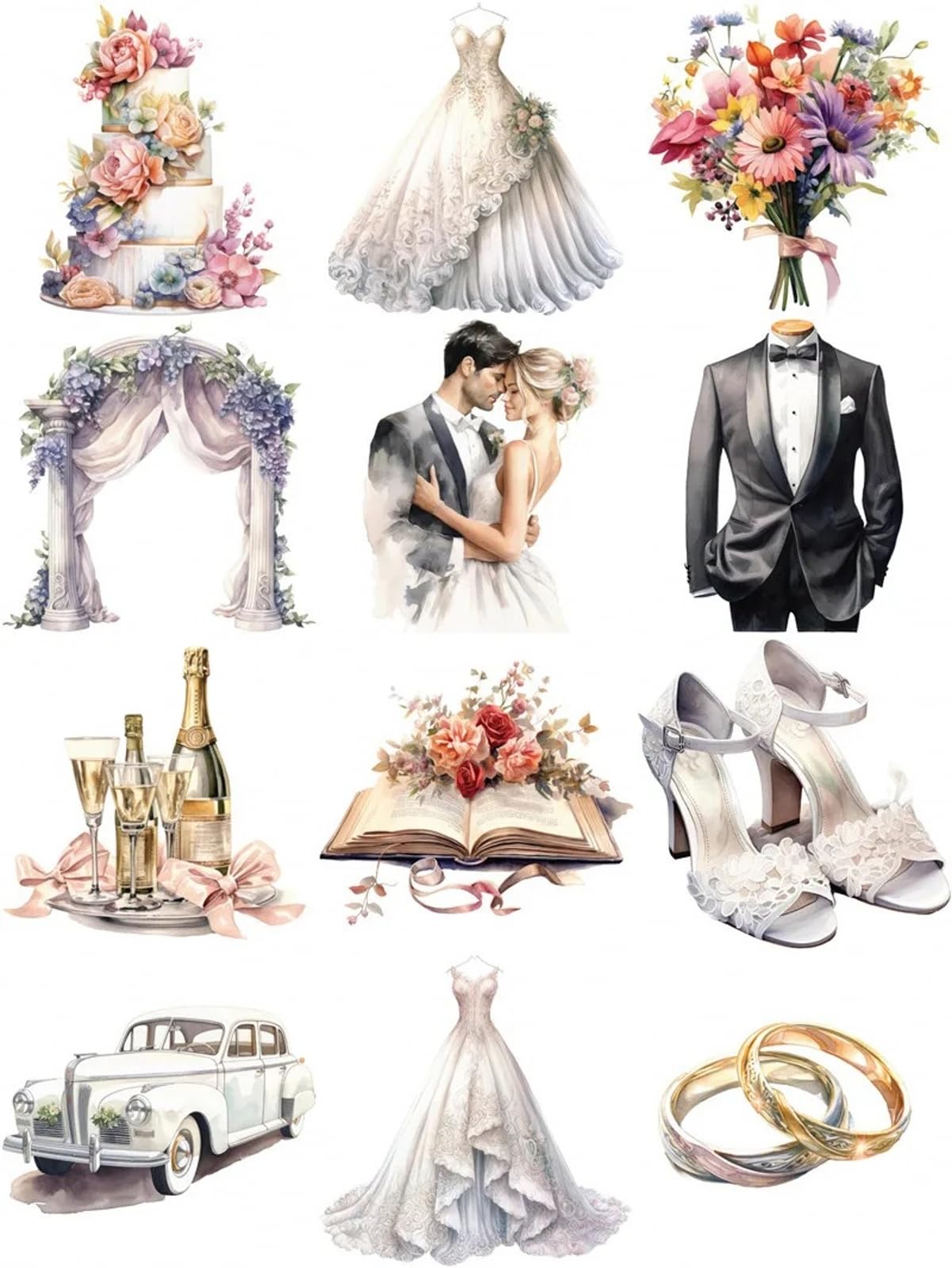 TIAMECH Wedding Lover Paper Stickers - 72 Pcs Bride Couple Rings Party Cake Design, Waterproof Sticker for Journaling & Scrapbooking, Junk Journal Supplies, Ephemera & DIY Crafts