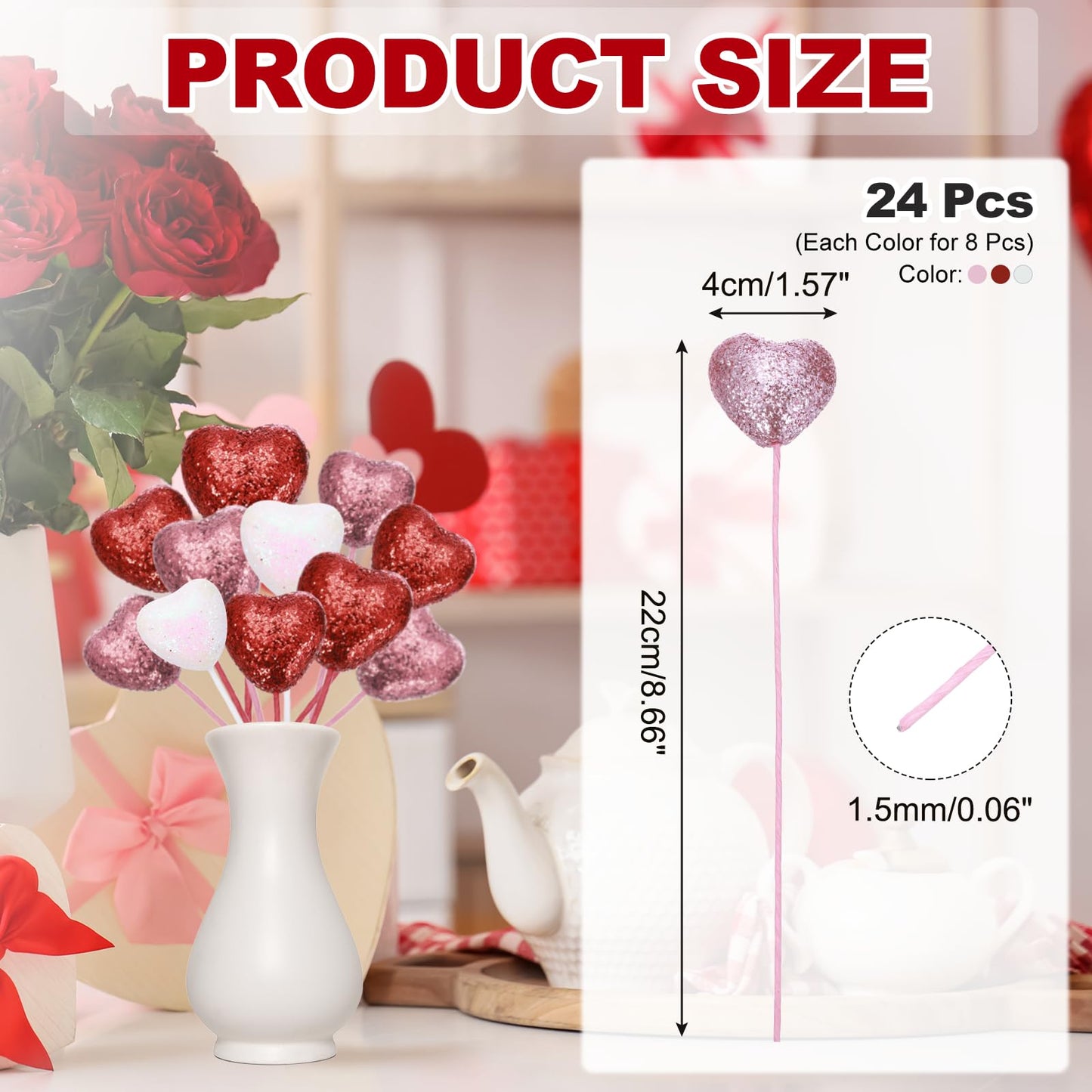 MECCANIXITY 24 Pcs Glitter Heart Shaped Picks Puffy Foam Hearts Floral Sparkly Stick for Valentine's Day Wedding Decor Home Vase Supplies Flower Arrangements Craft (Red/Pink/White, 4cm x 22cm)