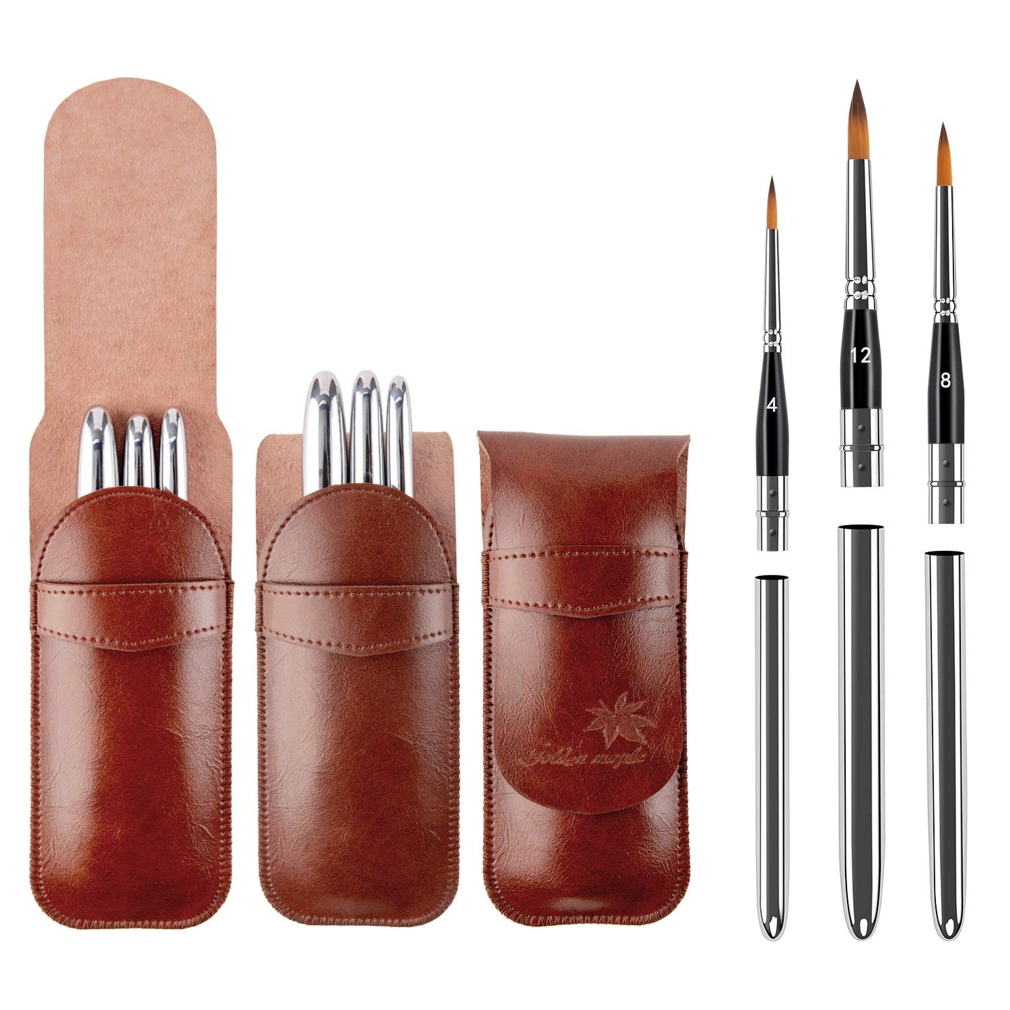Travel Watercolor Brushes, Golden Maple 3pcs Watercolor Travel Brushes with Leather Pouch - Pointed Round for Watercolor Acrylics Gouache Ink Painting