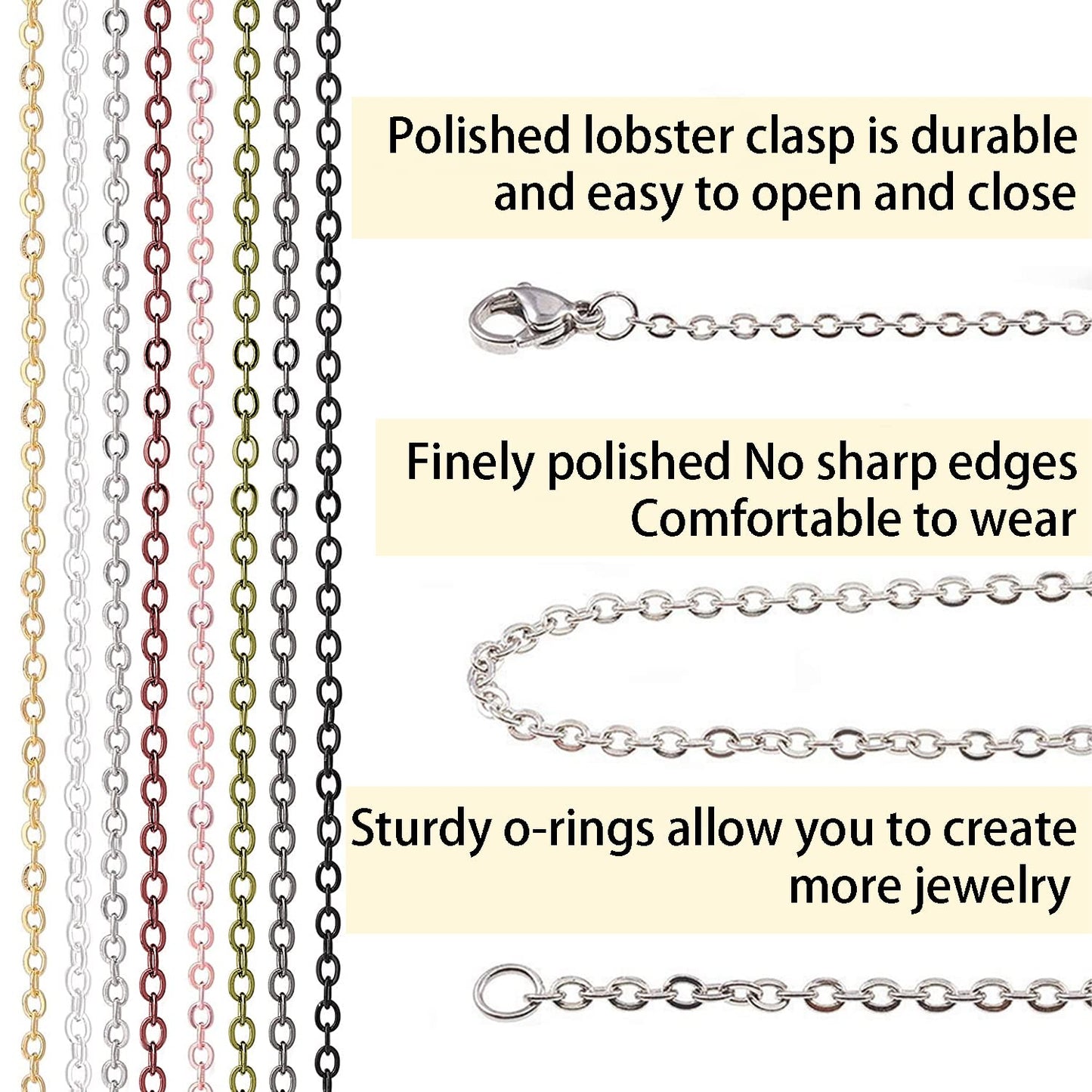 Jishi 80ft Necklace Chains Jewelry Making Chain Link Rolls Bulk 2mm - Bracelet Earring Necklace Craft Supplies DIY Jewelry Making Findings, 8-Colors Gold Silver Copper Plated Metal Rolo Cable Chains