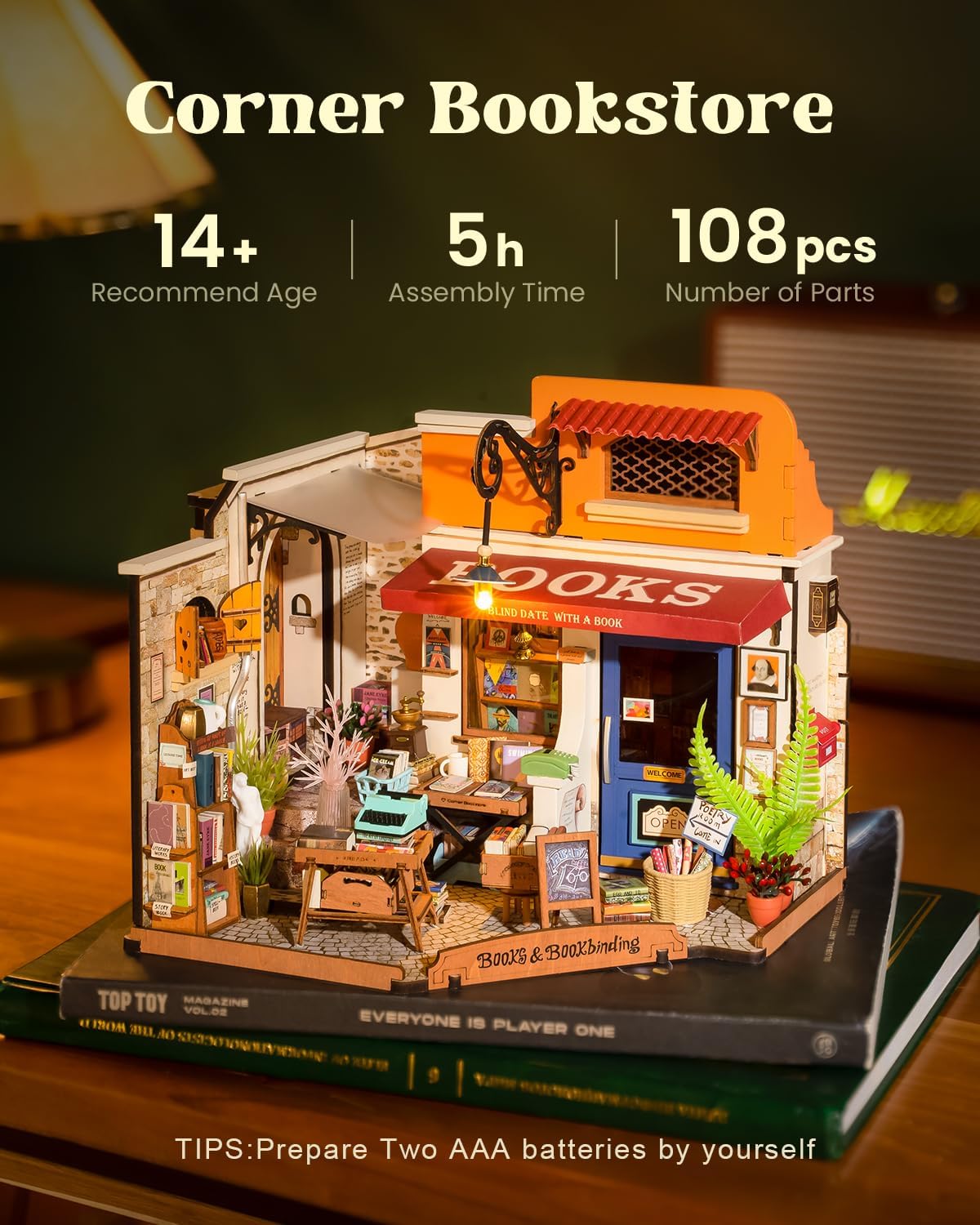 Rowood Miniature House Kit,Mother's Day Mini House Building Kit with LED,DIY Dollhouse Craft Kits for Adults,Birthday for Women Ages 14+(Corner Bookstore)