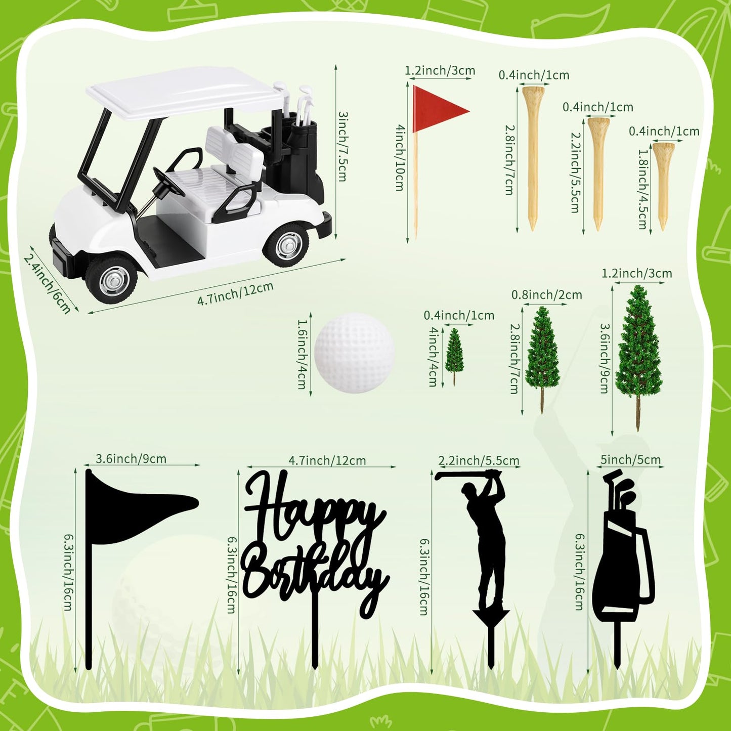 21 Pieces Golf Cake Decorations With Mini Cart, Ball, Green Tree, Clubs, Red Flag Cupcake Toppers for Sports Theme Birthday Party Decor Supplies