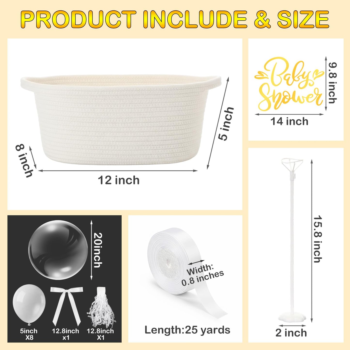 BrightRow DIY Hot Air Balloon Baby Shower Gift Basket Decoration Set Woven Basket Transparent Bobo and White Balloons Ribbon Balloon Stand Sticker Newborn Gift Wrapping Baby Shower Party Decor