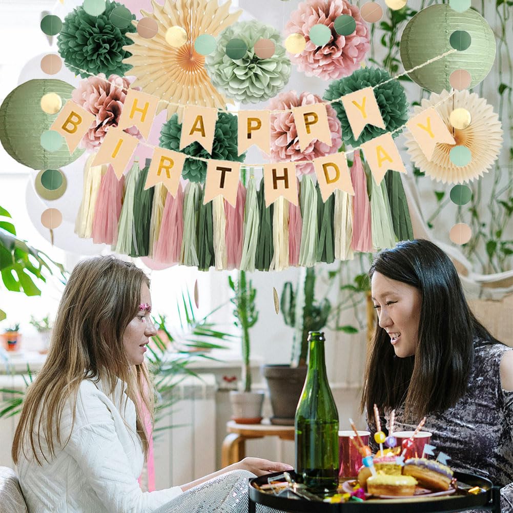 Sage Green and Pink Birthday Decorations Dusty Rose and Sage Green Happy Birthday Decor Retro Olive Sage Green and Dusty Pink Birthday Decorations for Women Girls with Tassel Garland Banner Beige Gold