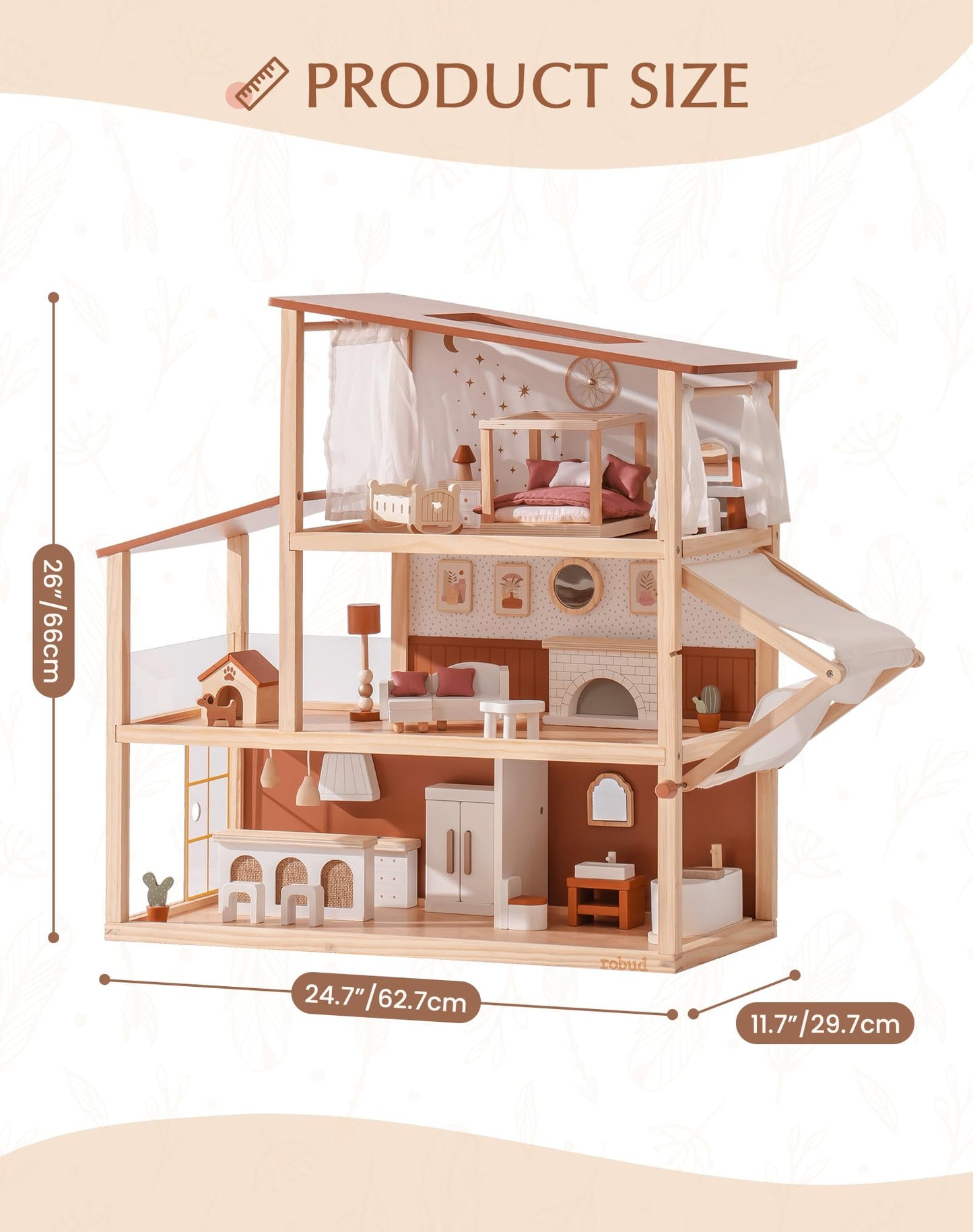 ROBUD Doll House - Wooden Bohemian Dollhouse with Realistic Design, Includes 37 Pieces of Furniture & Accessories for Kids Ages 3+