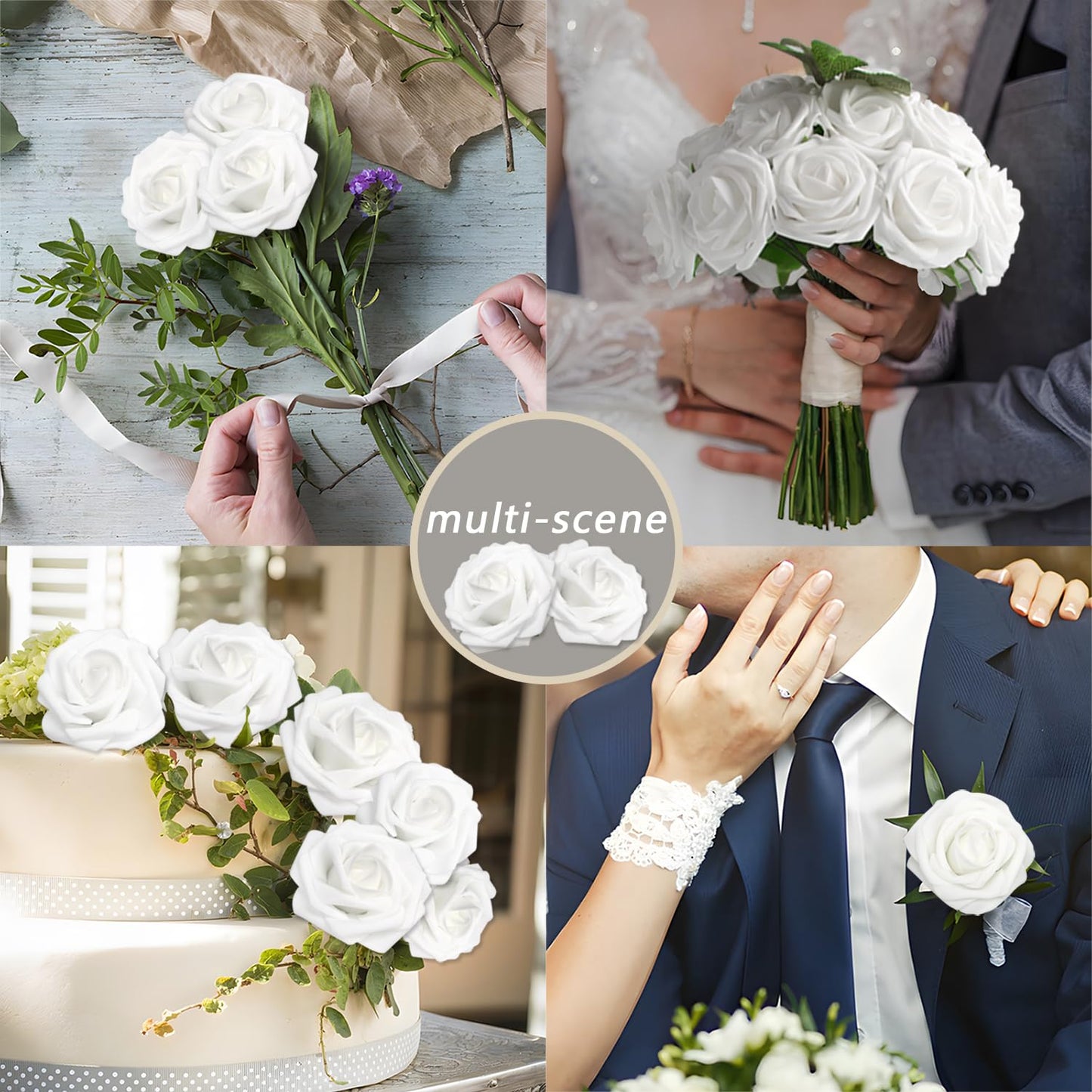 WANTMAZOR 200PCS Artificial Flowers White Roses Real Looking Foam Fake Roses with Leaves and for DIY Wedding Bouquets Bridal Shower Centerpieces Party Decorations (White, 200)