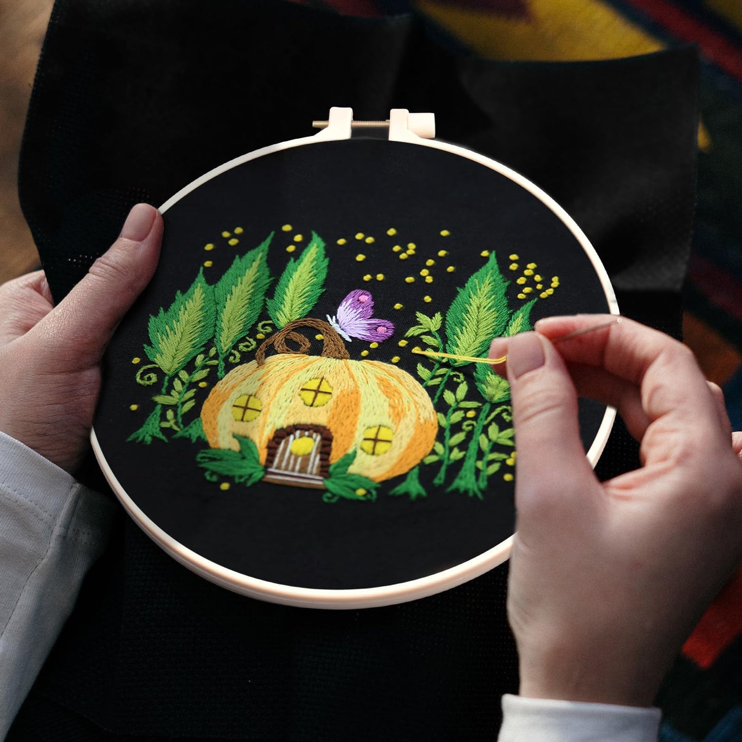ERKOON 5 Sets Embroidery Kit for Beginners, Art Craft Handy Sewing Set Mushroom Cross Stitch Starter Kits, DIY Embroidery Kits with Patterns and Instructions Hoops Needles Threads