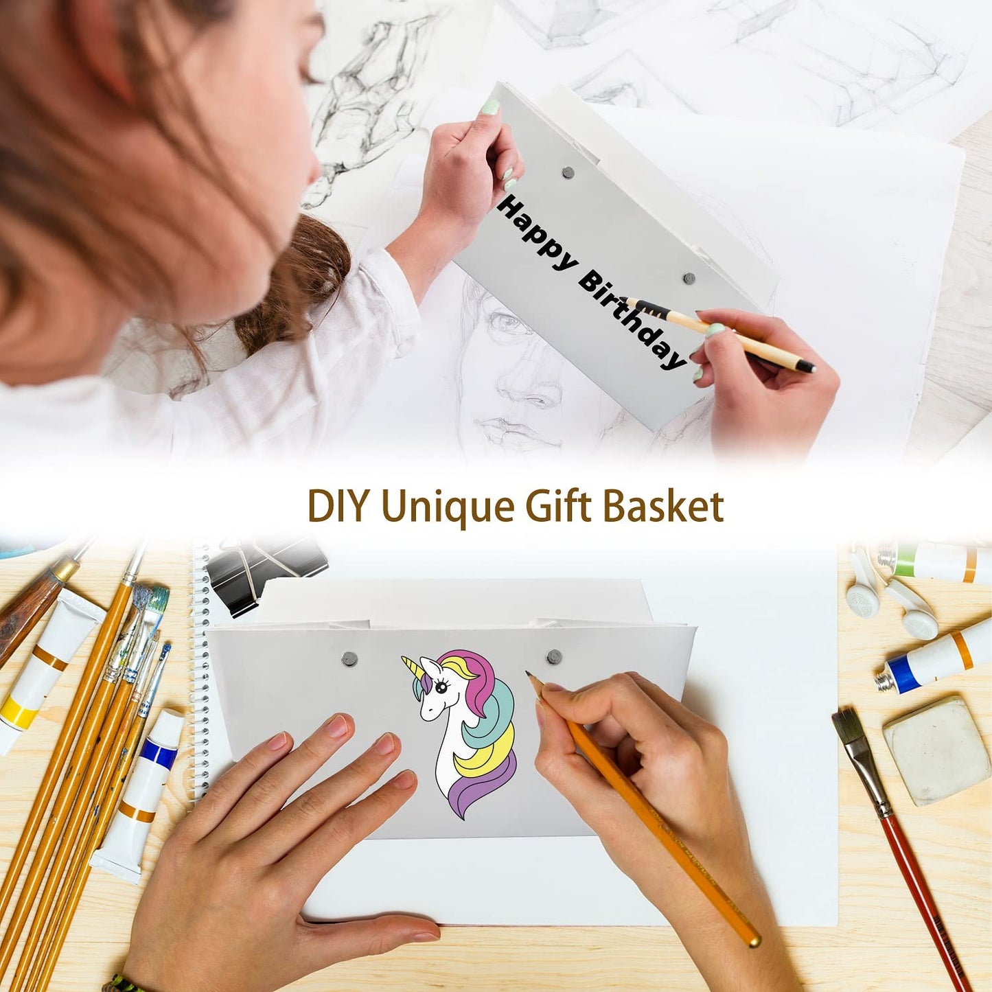 Baskets For Gifts Empty, 5 PCS White Gift Bags With Handles DIY Kit, Gift Basket Empty To Fill Bulk For Party Favors Wedding Birthday Christmas Halloween Holiday Thank You Get Well Soon