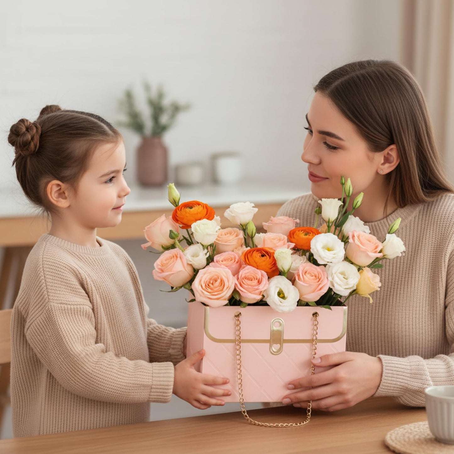 12 Pack Flower Paper Gift Bag, Bouquet Storage Bucket Box Paper Flower Handbag Box with Metal Chain Rectangle Mother's Day Flower Bags for Bouquets Wedding Flower Graduation Supplies, Black White Pink
