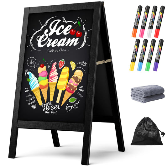 Chezerra A Frame Chalkboard Sign, 40"x20" Extra Large Sidewalk Chalk Board, Wooden Standing ChalkBoards Set with Markers, Double-Sided Magnetic Blackboard for Cafés, Weddings, Party Guide, Black