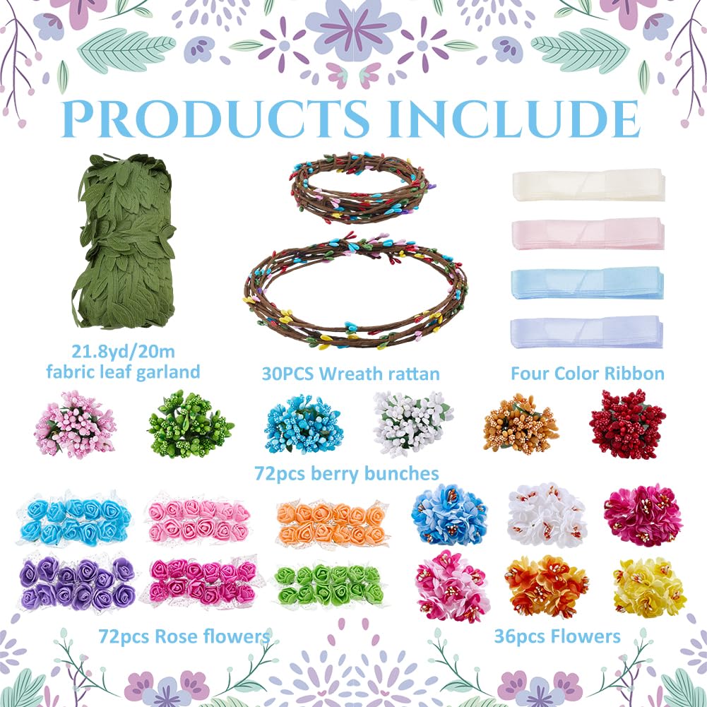 INFUNLY 30Set DIY Flower Crowns Making Kit Rose Wedding Wreath with Instruction Berry Plum Blossom Hanging Floral Garland Kits Make Your Own Flower Headbands Bracelets Kit for Women Wedding Gift Decor