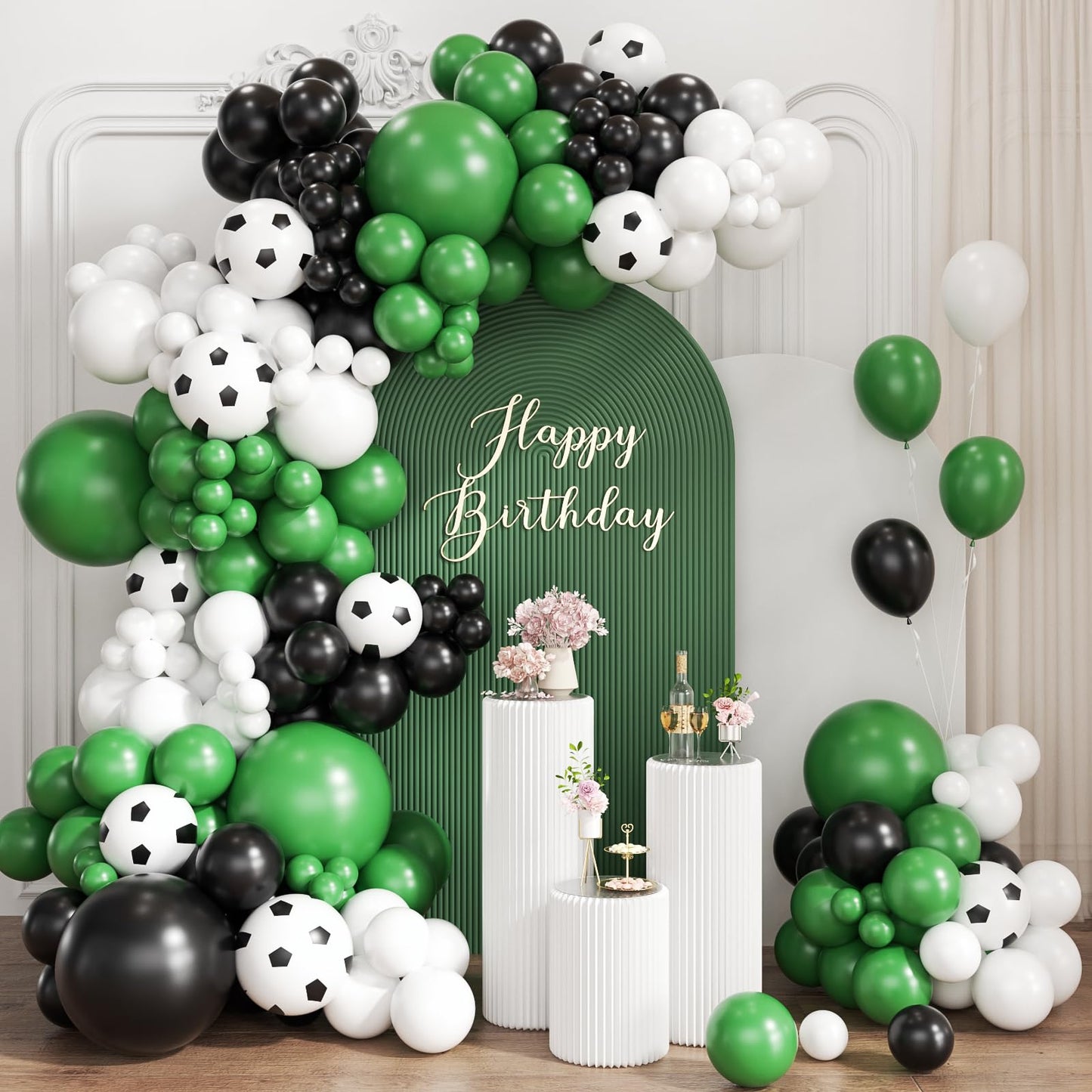 ZHIYAPA Black Green White Balloon Garland Arch Kit, 167Pcs Latex Balloons Different Sizes for Soccer Ball Theme Birthday Futbol Baby Shower Football Graduation Wedding Party Decorations