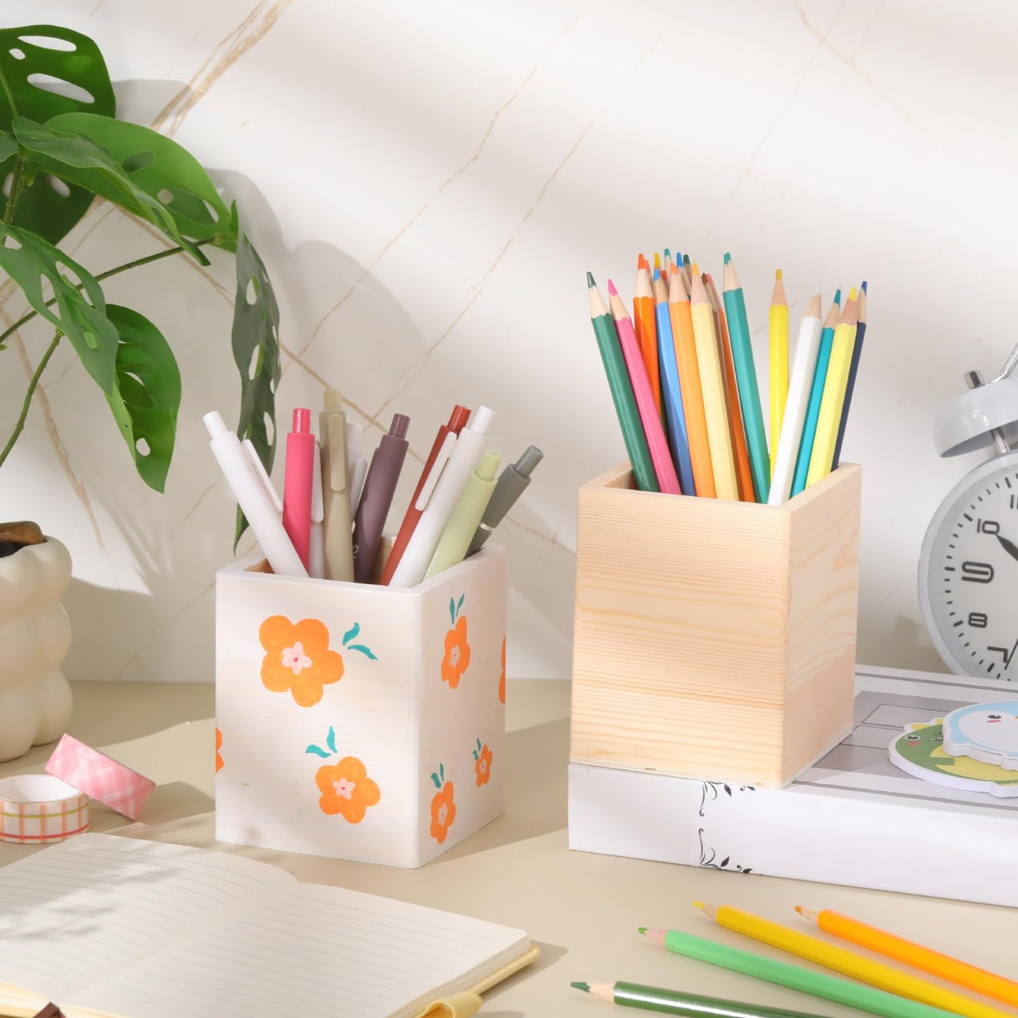 DoubleFill 12 Pack DIY Spring Wooden Pencil Holder Craft for Desk, Desktop Pencil Holder Stand, Unfinished Wooden Pen Craft for Homemade DIY Supplies(Quadrate)