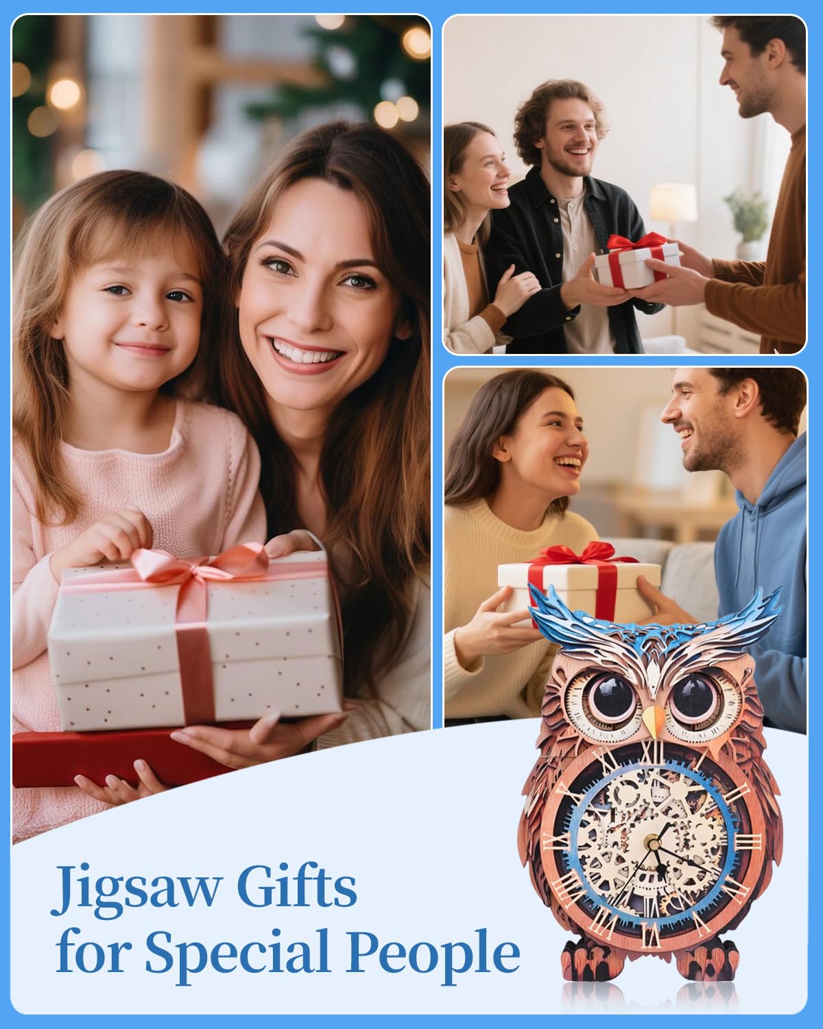 Rnfinewow 3D Wooden Puzzles for Adults, Owl Clock with Pendulum Model Kit, 3D Puzzles for Adults Room Home Decor DIY Wall Clock Kit, Holiday Birthday Christmas Day Gifts for Men Women