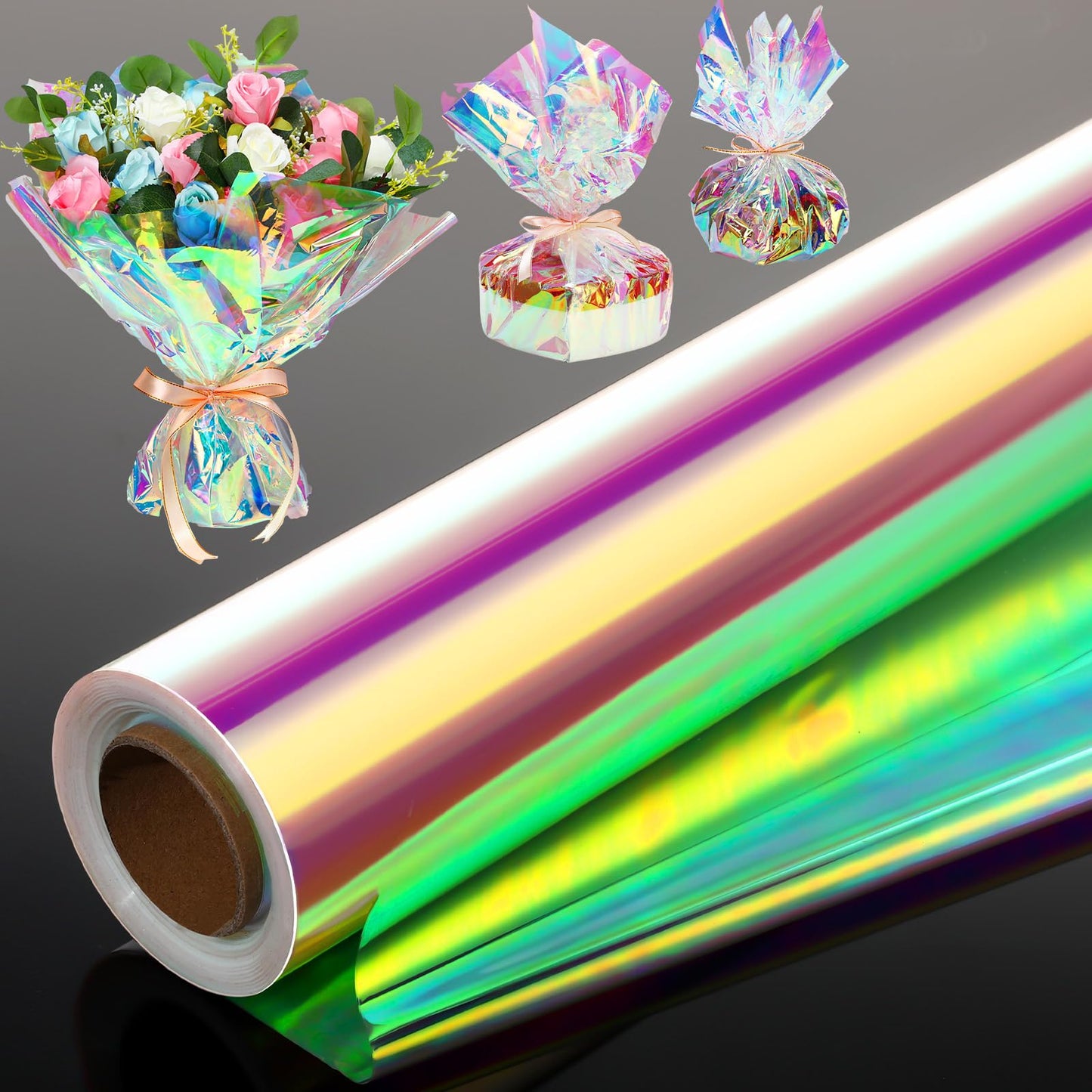 Seajan 31.5 in x 200 ft Iridescent Cellophane Wrap Roll, Rainbow Wrapping Paper Holographic Cellophane Wrap for Baskets Flower Bouquet Christmas DIY Treats Gifts Wrapping(Red and Golden Iridescence)