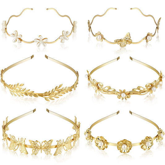 XunYee 6 Pcs Gold Leaf Headbands Set Pearl Headbands for Women Greek Goddess Accessories Flower Faux Pearls Hairband Gold Metal Prom Headpiece Crown Bridal Hairband for Women Girl (Stylish Pattern)