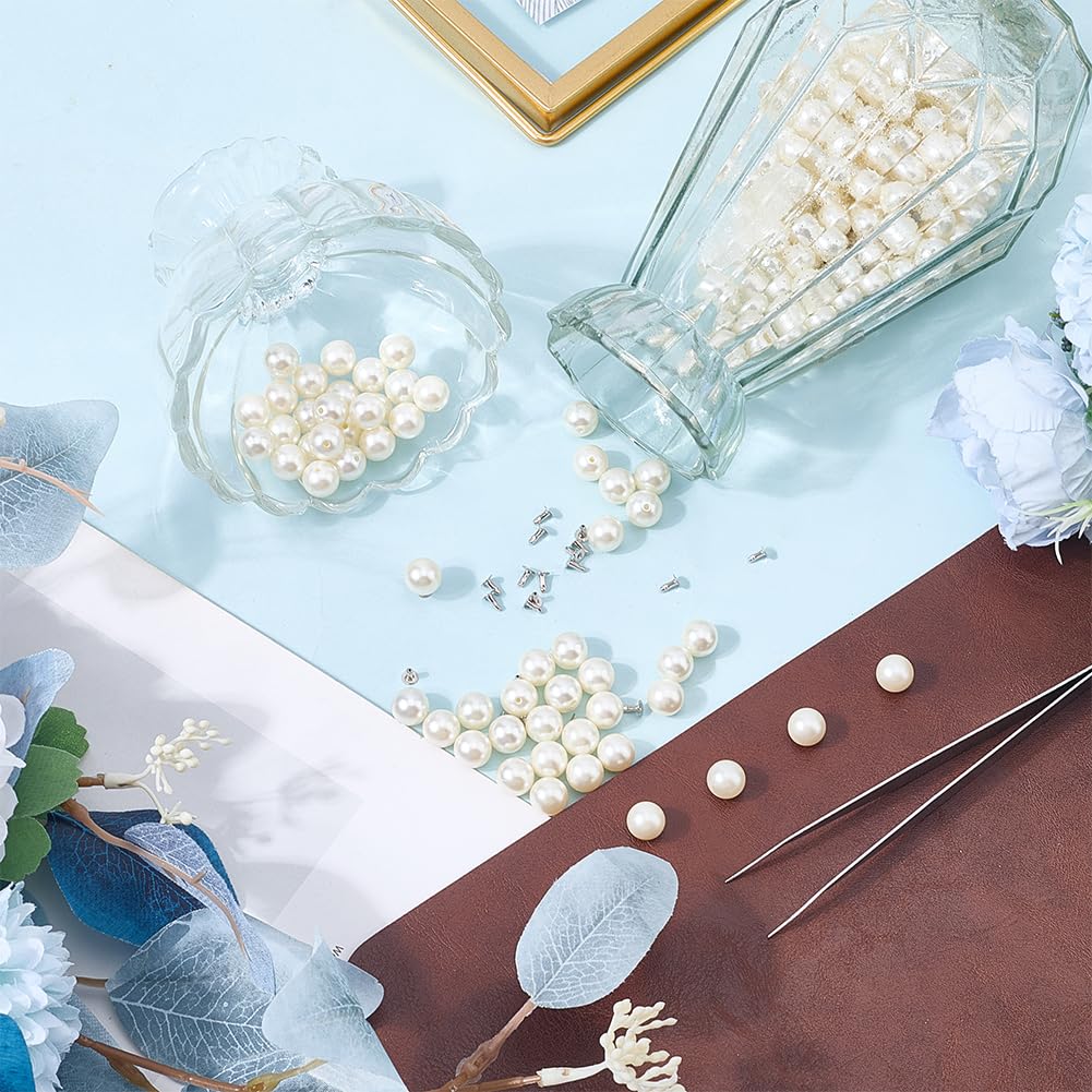 CALFOVERA 10mm Round Half Hole Pearl Rivet Studs 180PCS Leather Pearl Bead Rivet Buttons Spikes with Iron Findings for DIY Leather Clothing Craft Belts Hand Bags Hat Shoes Accessories