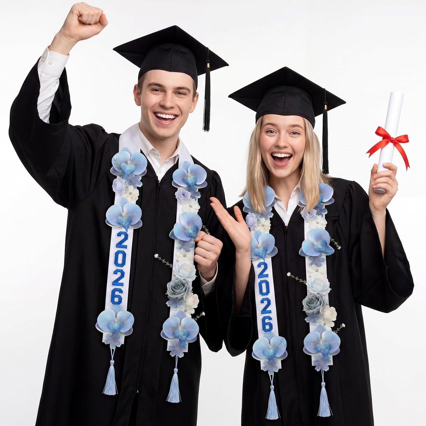CrystalSylara Graduation Leis Class of 2026 Artificial Flower Sash with 20 Sheets Number Iron on Patches DIY Grad Floral Lei Necklace for High School College Senior Grad Gifts Party Supplies(Blue)