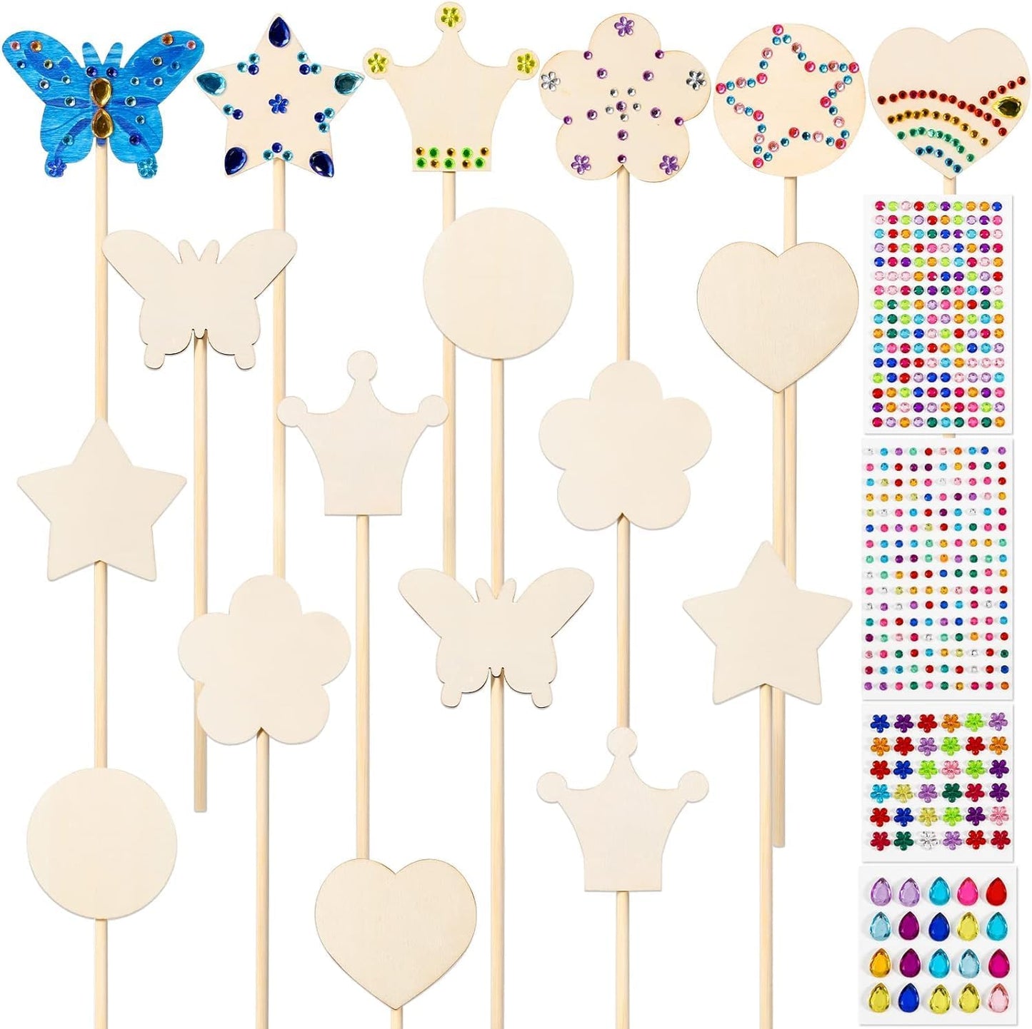 Pllieay Princess Fairy Wands Kit for Birthday Party Favors Decorations, Include 18 Pieces 6 Styles Unfinished Wooden Princess Wand and 4 Gem Stickers Princess Art Magical Show for Party Supplies