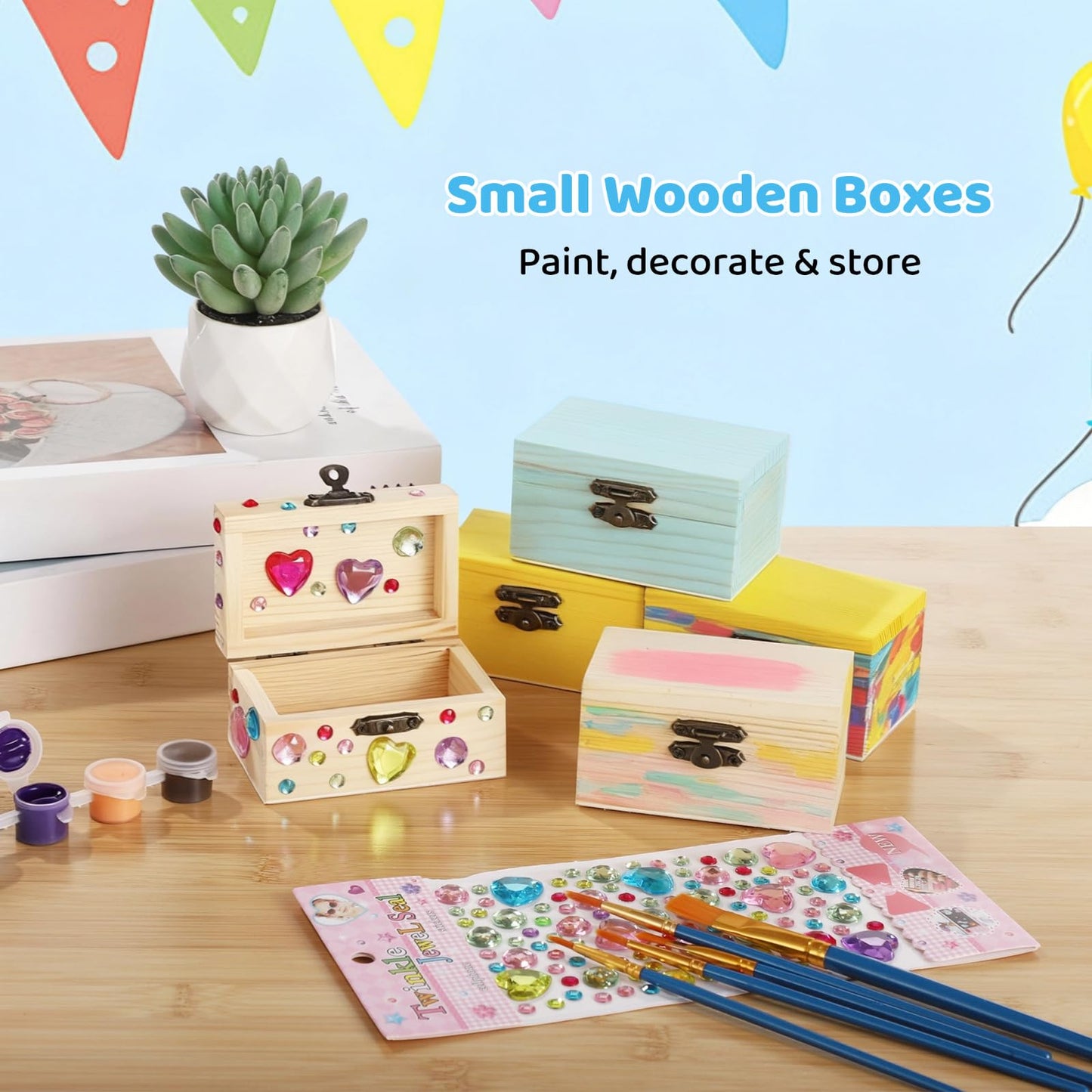 OMISTAR 27 Pcs Small Wooden Boxes Set with 10 Paint Brushes and Stickers, Small Wooden Boxes 3.5 x 2.2 x 2 in, DIY Craft, Storage, Art, Painting, Party Favors, Gifts