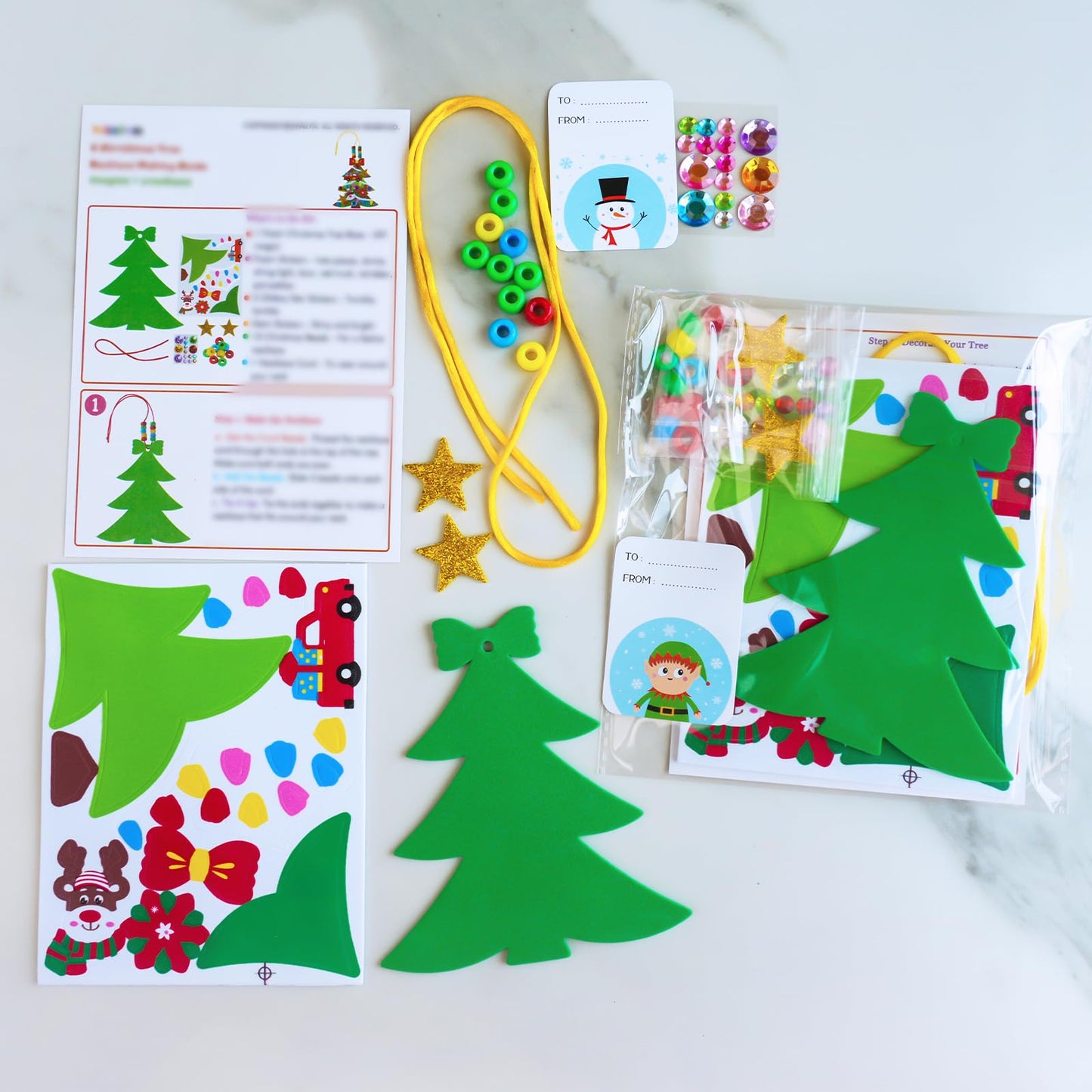 Winlyn 24 Sets Winter Decorations DIY Christmas Tree Ornaments 3D Pine Tree Necklaces Holiday Craft Kits Blank Foam Tree with Festive Foam Stickers for Kids Home Classroom Activities Party Favors
