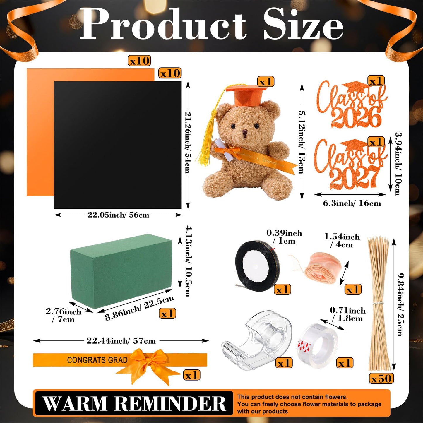 Seenelling 80 Pcs Graduation Money Flower Bouquet Wrapping Accessories Kit, 20 Flower Wrapping Paper 50 Sticks 2 Card Inserts 1 Bear 3 Ribbons DIY Crafts Gifts for Graduation Birthday(Orange)
