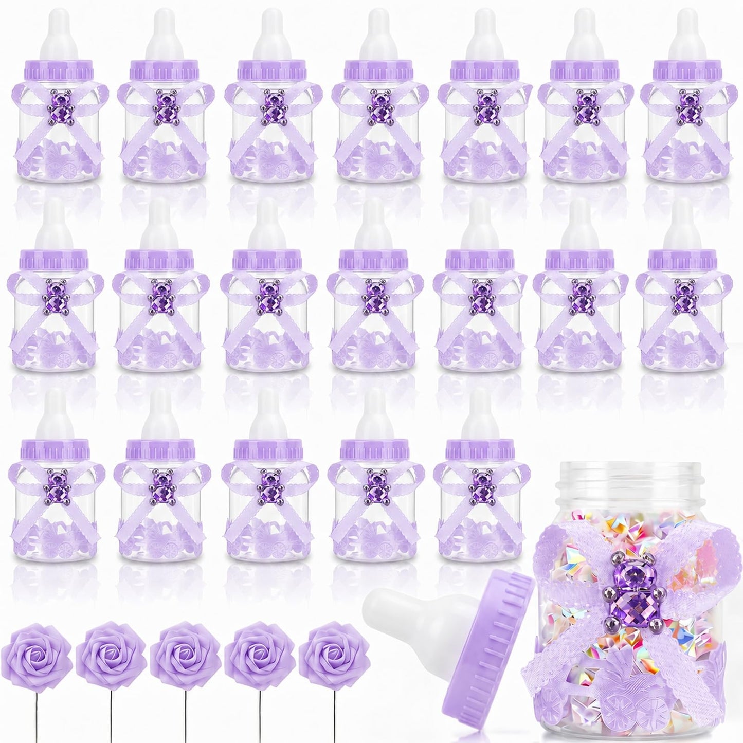 MACTING 2 Dozens 3.5 Inch Feeding Bottle Candy Box with 5Pcs Artificial Flower Rose for Baby Shower Favor Gift Decoration (Purple)