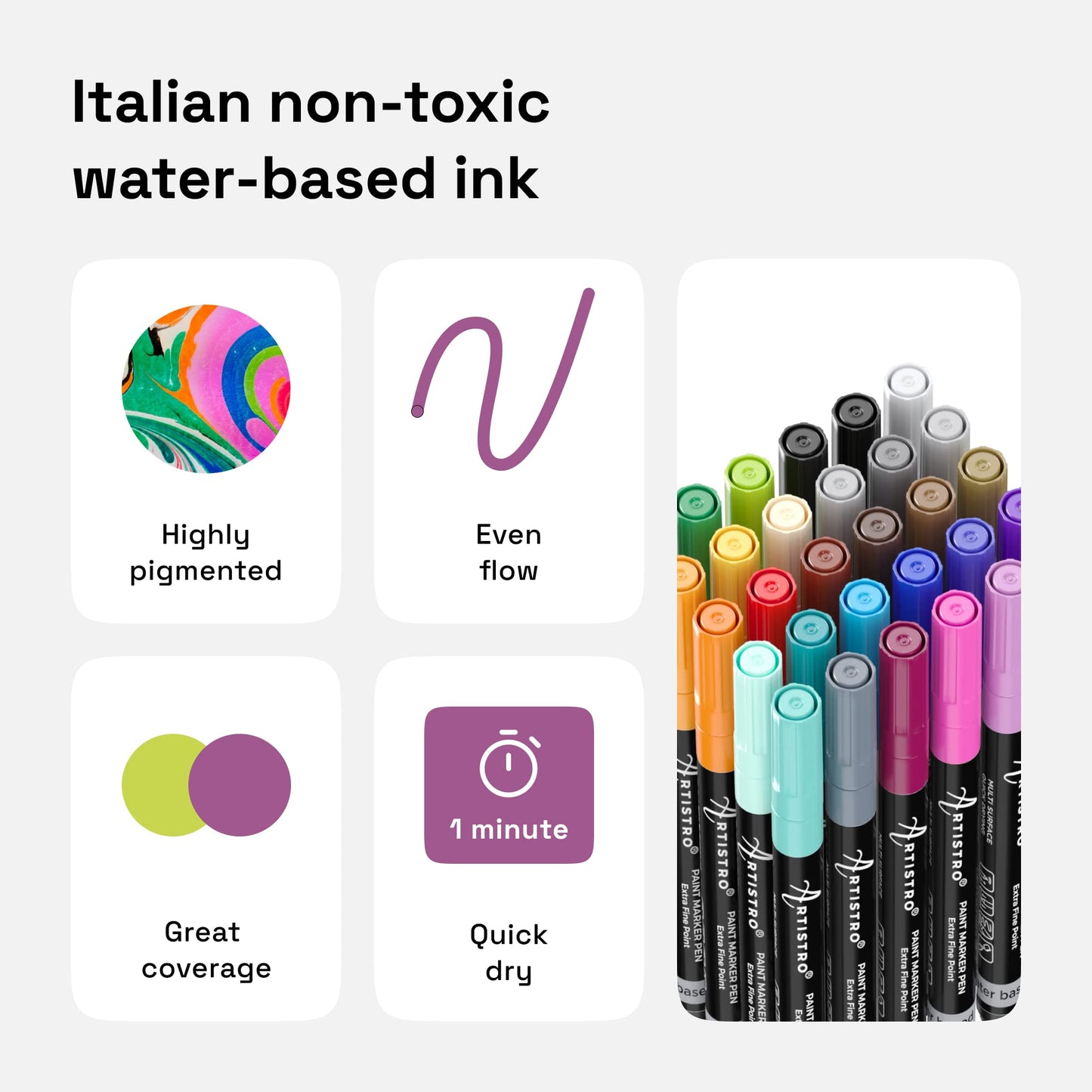 ARTISTRO Acrylic Paint Pens With Storage Bag for Calligraphy - Markers With Brush and Fine Precision Tips - Multisurface Painting for Fabric, Rock, Glass, and More (30 Markers, Extra Fine Tip)