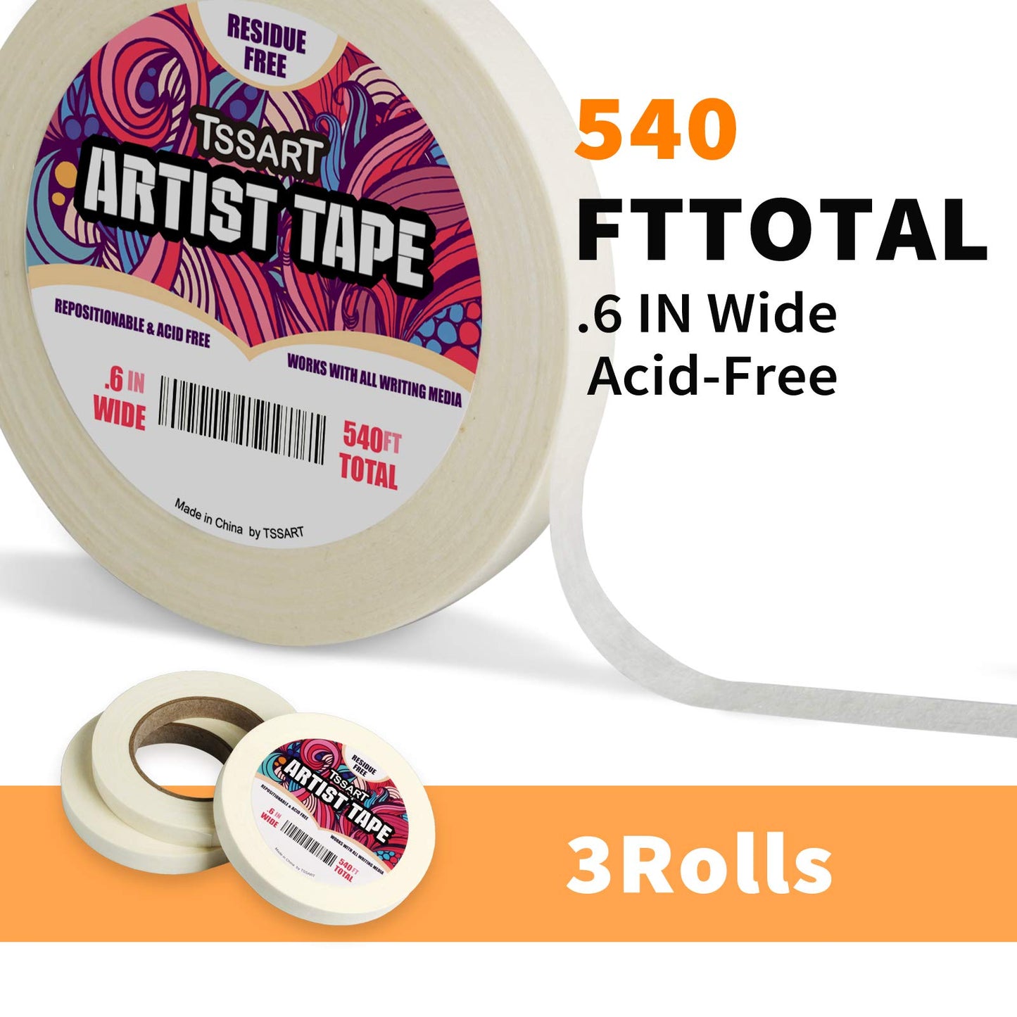 TSSART 3 Pack White Artist Tape - Masking Artists Tape for Drafting Art Watercolor Painting Canvas Framing - Acid Free 0.6inch Wide 540FT Long Total