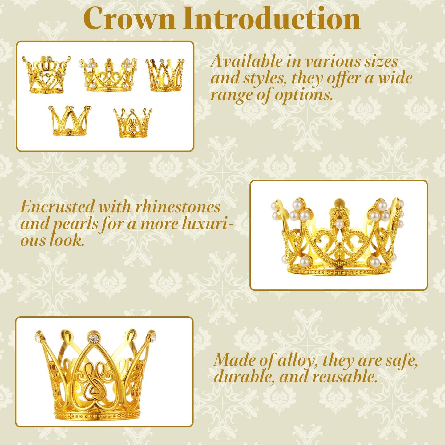STARVAST 50PCS Mini Crowns Bulk for Flower Bouquets, Small Gold Crown Cupcake Toppers for Wedding, Baby Shower & Birthday Party Decorations, 5 Styles with Floral Arranging Needles