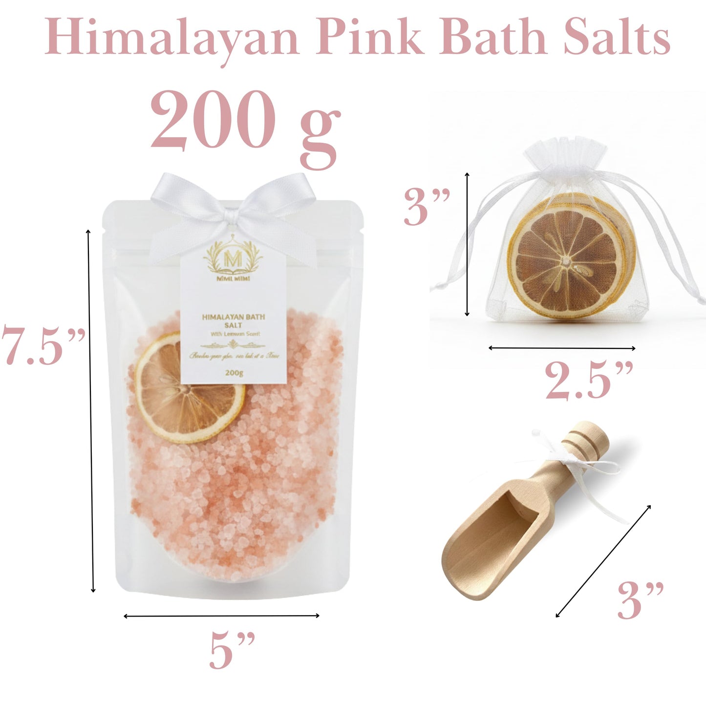 MIMI MIMI Pink Himalayan Bath Salt Gift Set with Rose, Lemon and Lavender - 3 x 200g Bath Salts for Women Relaxing, Natural Aromatherapy Gifts for her, Mineral Bath Soaks, Spa Body Care, Foot Soak.