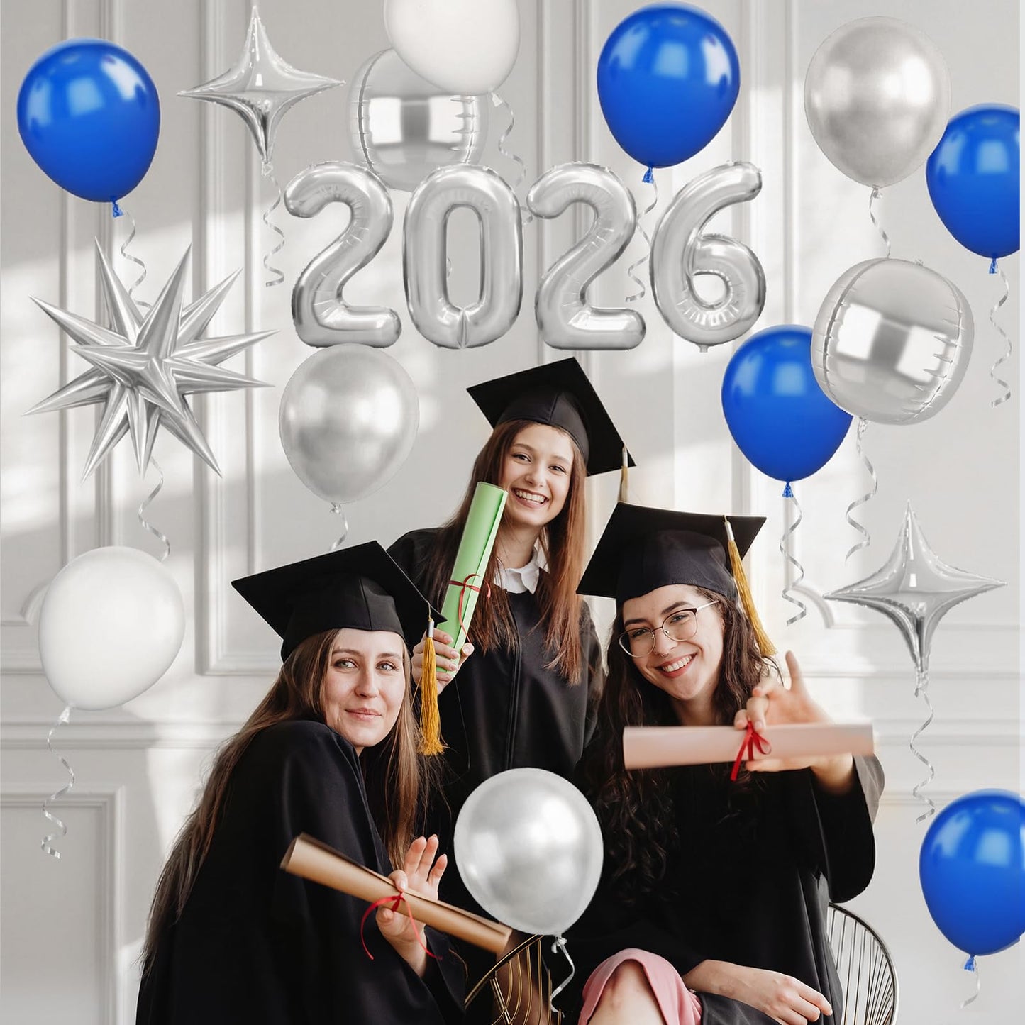 Blue Silver White Balloons Arch Kit, Blue White Balloon Arch with 4D Silver Star Graduation 2026 Foil Balloon Banner, Royal Metallic Balloons for Class of 2026 Graduation Decoration Birthday Party