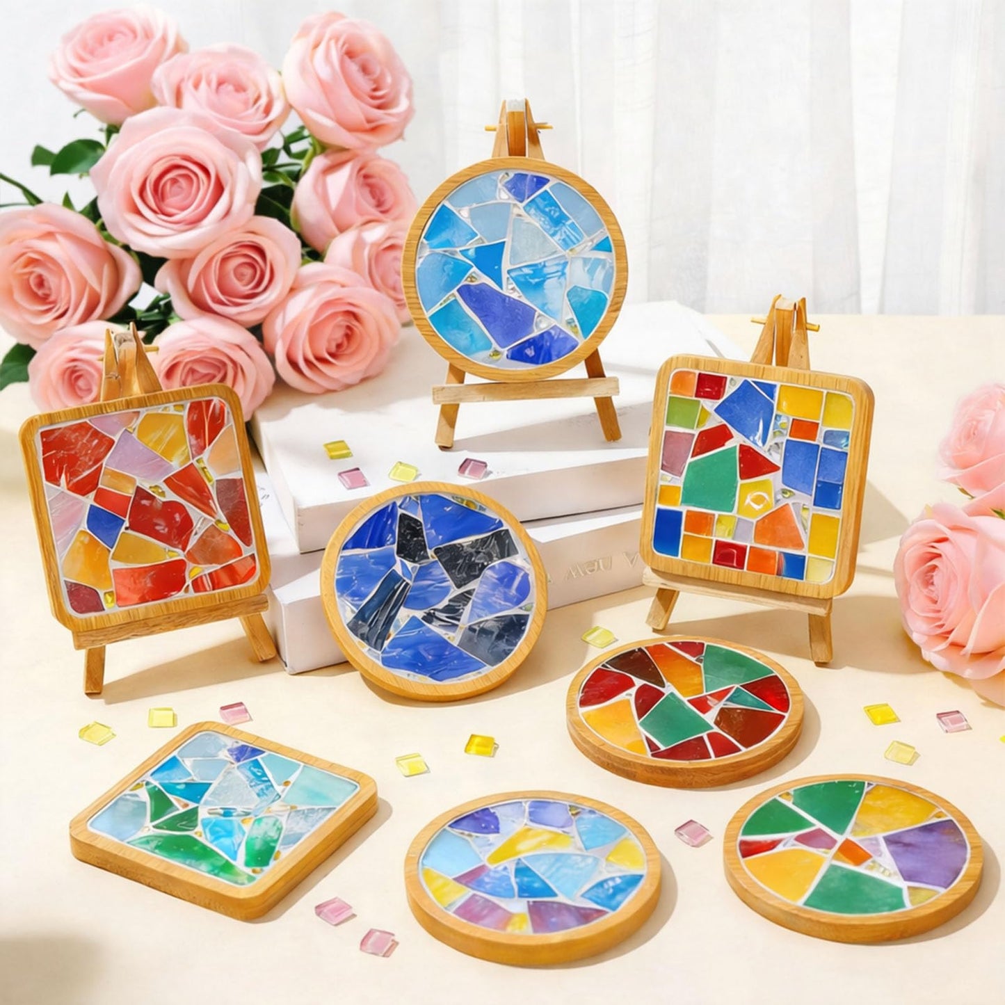 GHAHILI 4 Sets DIY Mosaic Kits for Adults - Graduation Birthday Gifts Glass Mosaic Tiles for Crafts with Wooden Coasters for Women Mosaic Art Kit Craft Coaster Handmade Making Kit Set for Home Decor