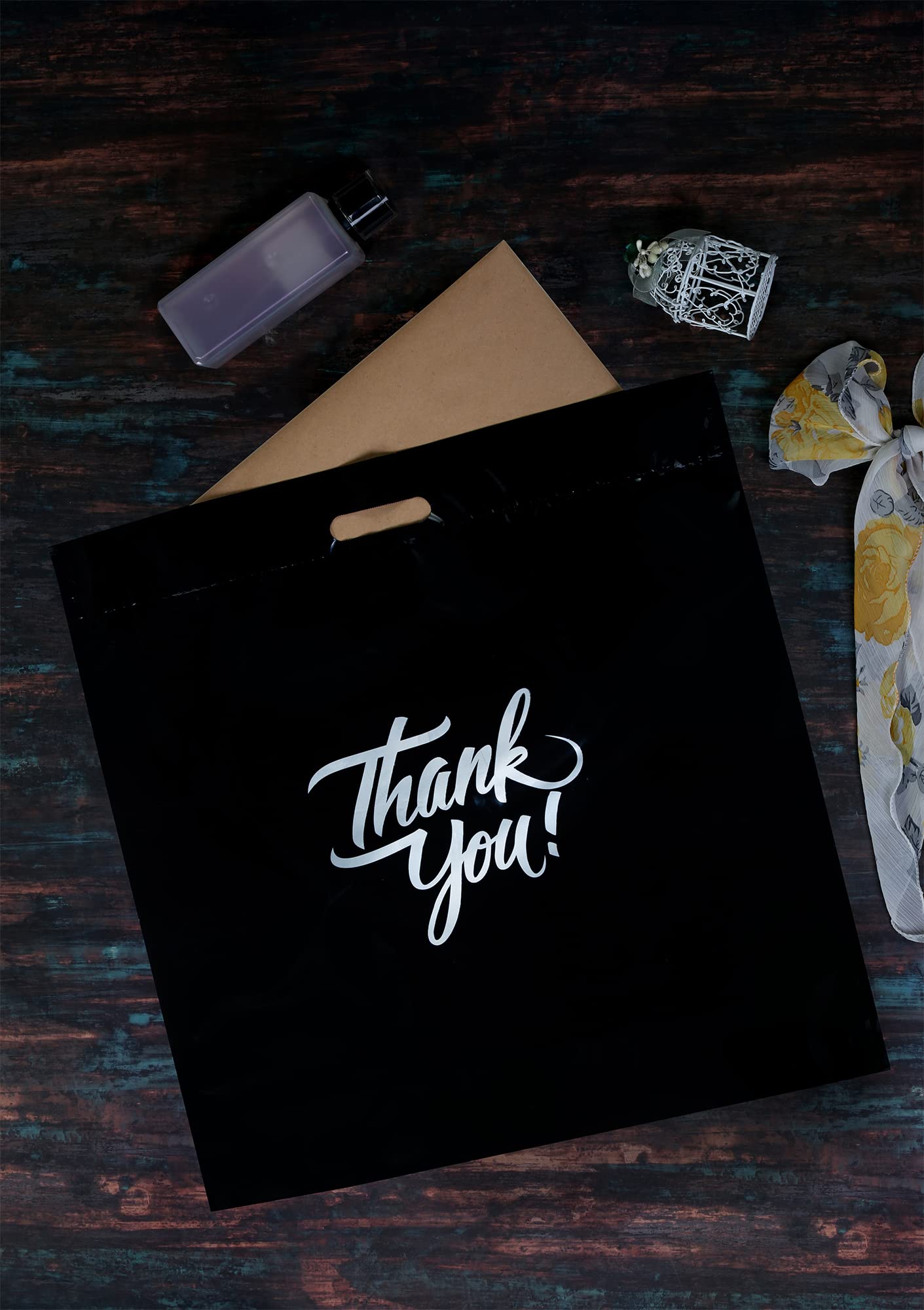 Infinite Pack Black 12"x15" (100pcs) Thank You plastic Merchandise Bags Die-Cut Handles, Perfect for Retail Shopping, Boutiques, Goodie bags, and Gift Packaging & Favors, 1.75 mil Reusable Plastic Bag