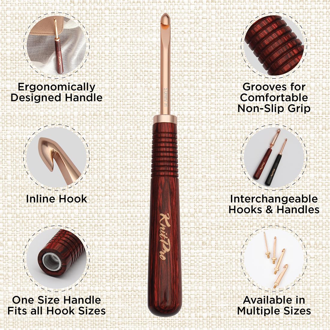 KnitPro Oasis Chunky Crochet Set - 1 Wooden Handle, 7 Hooks in Sizes 5.5mm to 10mm, 1 Rose Gold Scissors, 1 Tape Measure, 10 Metal Locking Stitch Markers, 1 Gripper