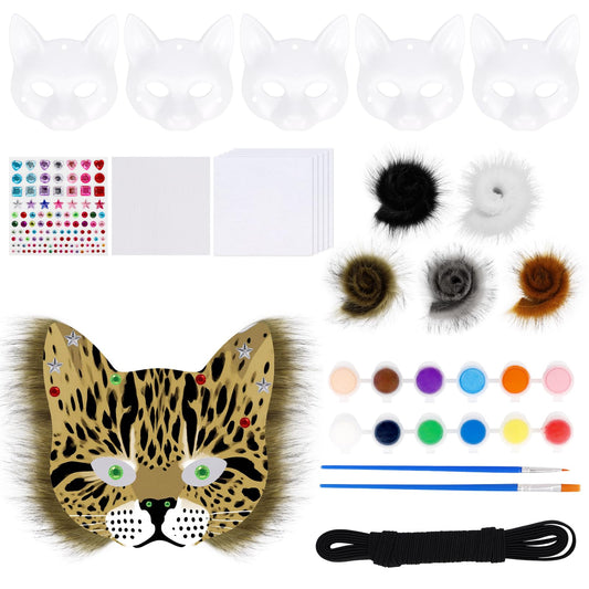 YLOVEFUR DIY Cat Fox Mask Set with Eye Meshes Stickers Faux Fur Fabric Strips for Halloween Masquerade Cosplay Party