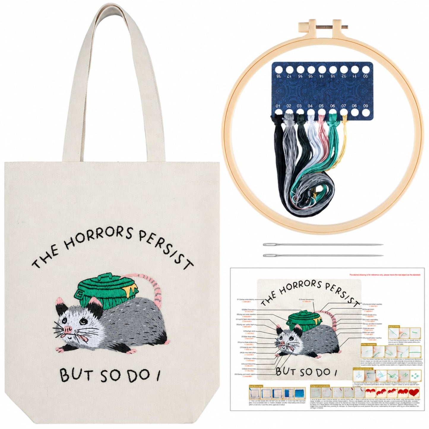 Sadnyy Possum Canvas Tote Bag Opposum Embroidery Kit for Beginners Cross Stitch Kits with Needles Thread Instruction for Adults Arts DIY Crafts Possum Needlepoint Women Shopping Reusable Grocery Bags