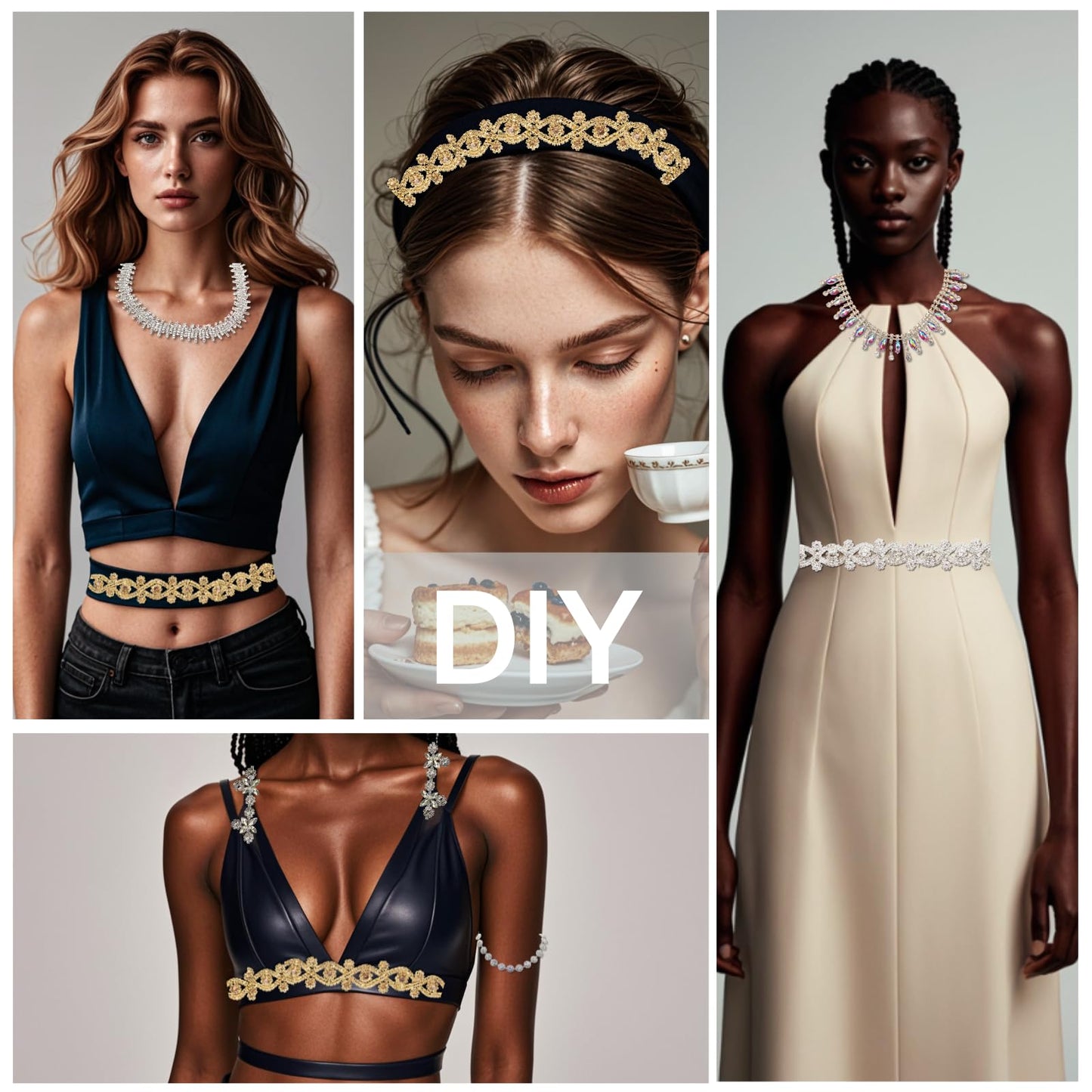 PEARLY JUN Rhinestone Chain Trim AB Gold Applique Embellishment Crystal Wedding Bridal Costume Sewing Bling Trim for Jewelry DIY Necklace Bags Parties