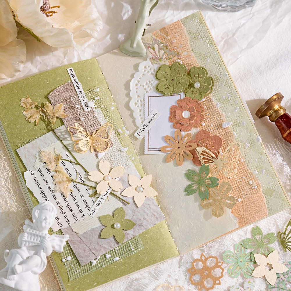 Diuhofart 300pcs Scrapbook Paper Cutouts Lace Flowers Butterfly for Scrapbooking Embellishments Supplies, Junk Journaling, Card Making, Mixed Media, Vintage Diecut Floral Collage Materials