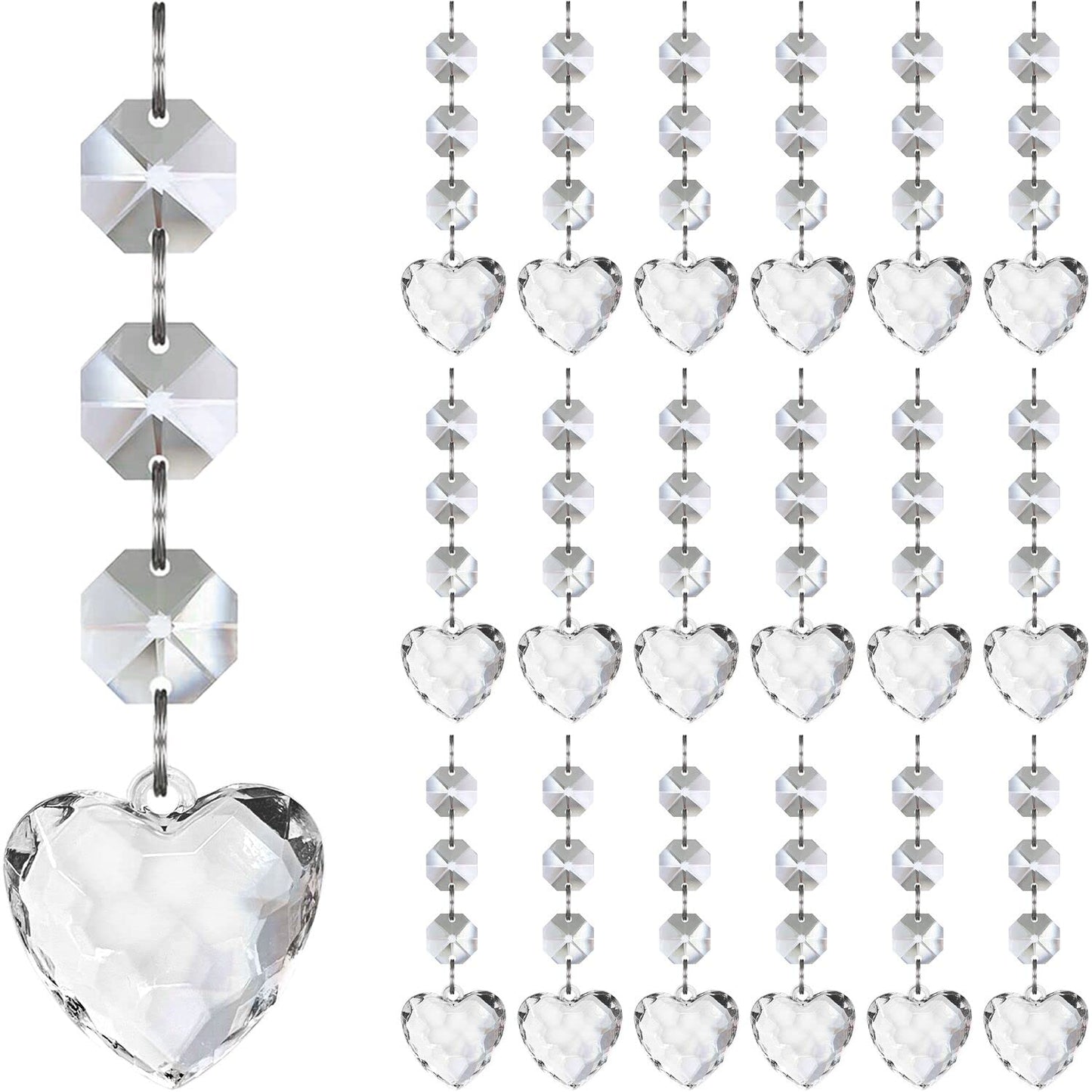 Jishi 30pk Crystal Heart Ornaments for Christmas Tree Decorations, Acrylic Hanging Crystals for Centerpieces Valentines Day Decor, Clear Plastic Heart Prism Drop Pendant Suncatcher Chandelier Crystals