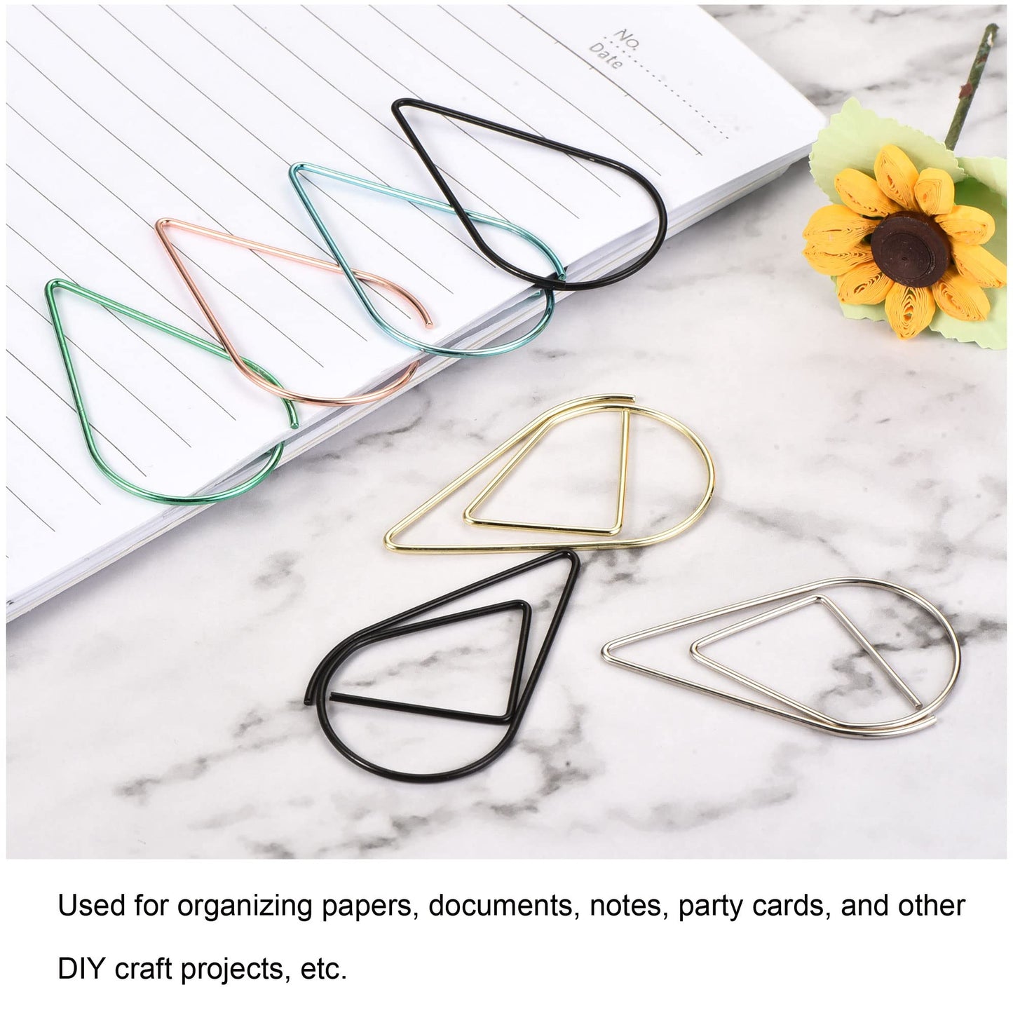MECCANIXITY Paper Clip Drop-Shaped Cute Decorative Clips Bookmarks with Box 1.3 Inch Black for Organize Office Home, Pack of 100