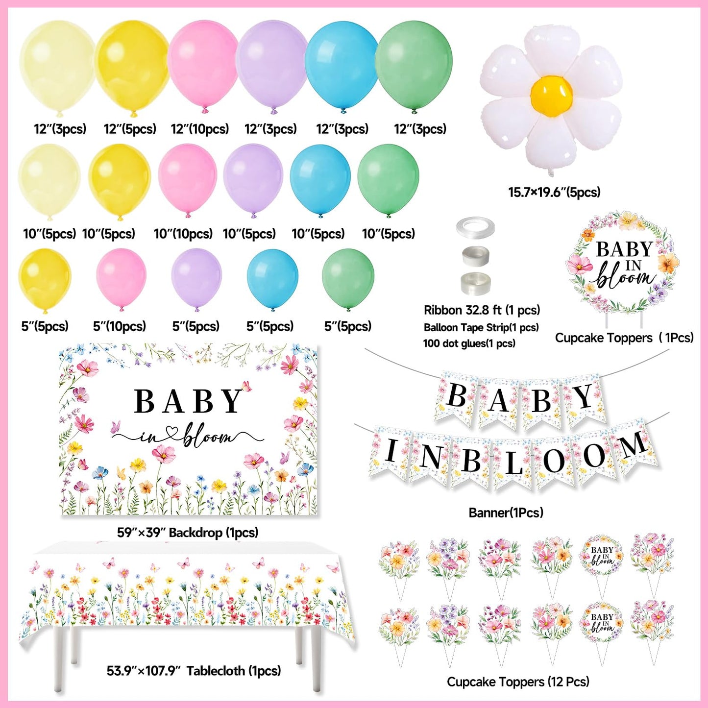 Baby in Bloom Baby Shower Decorations for Girl - 92pcs Balloons Garland Kit, Baby in Bloom Banner, Backdrop, Floral Tablecloth, Daisy Balloons, Cake and Cupcake Toppers