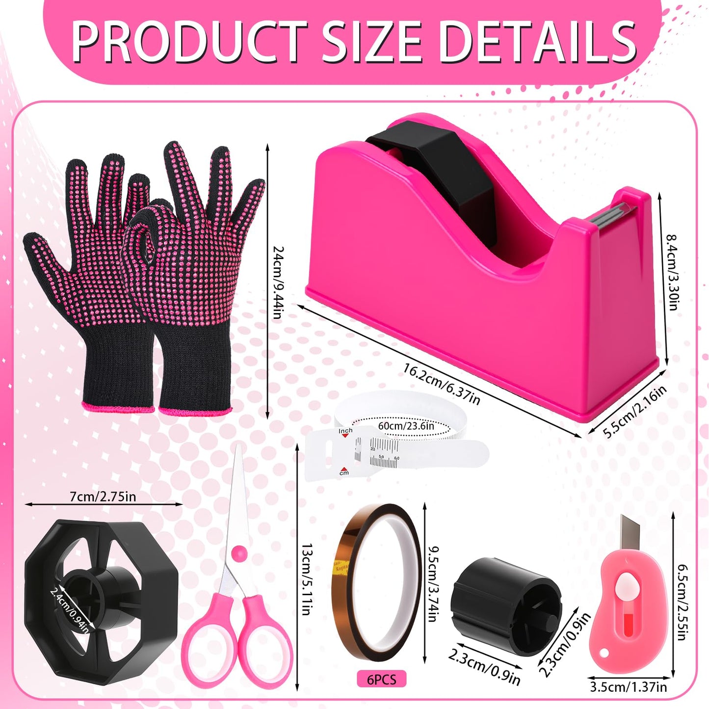 libfrnt 12 Pcs Heat Tape Dispenser Set, Sublimation Tape Dispenser Heat Resistant Gloves with Silicone Bumps 6 Pcs Heat Tape for Sublimation Mini Cutter Measuring Ruler Scissor for Office Home, Pink