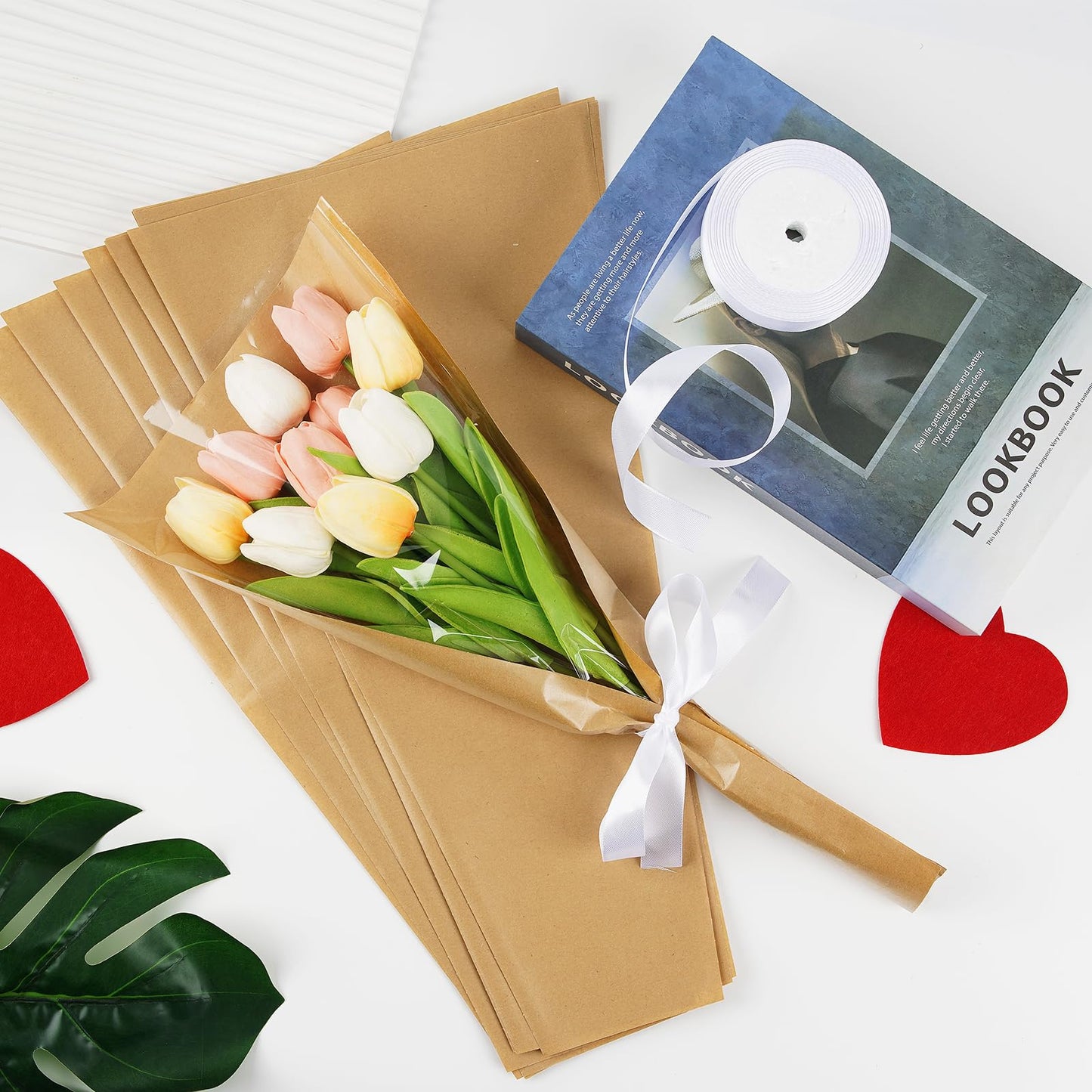 50 PCS Flower Wrapping Paper Sleeves for Bouquets, Kraft Bouquet Bags with Ribbons, Bulk Flower Sleeves for Mother’s Day Wedding Graduation Valentine, Florist Packaging Supplies, 17.7 x 9.4 x 3.5 Inches
