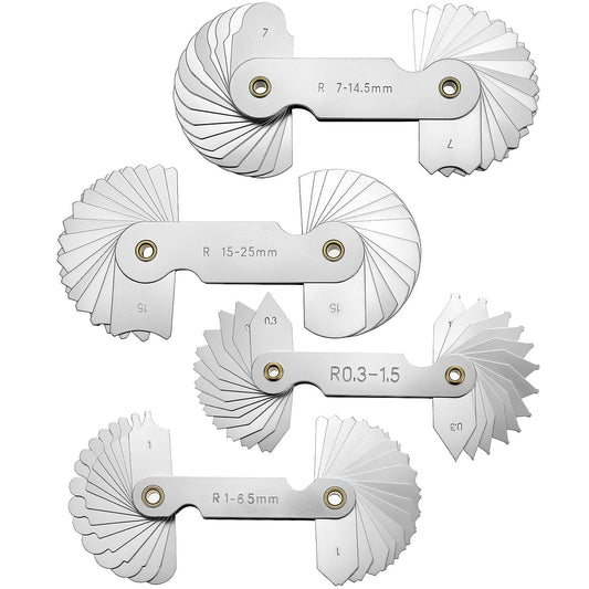 QWORK 4 Pack Radius Gauge Set, Precision Stainless Steel Measurement Tool for Convex & Concave Surfaces, R0.3-1.5mm/ R1-6.5mm/ R7-14.5mm/ R15-25mm