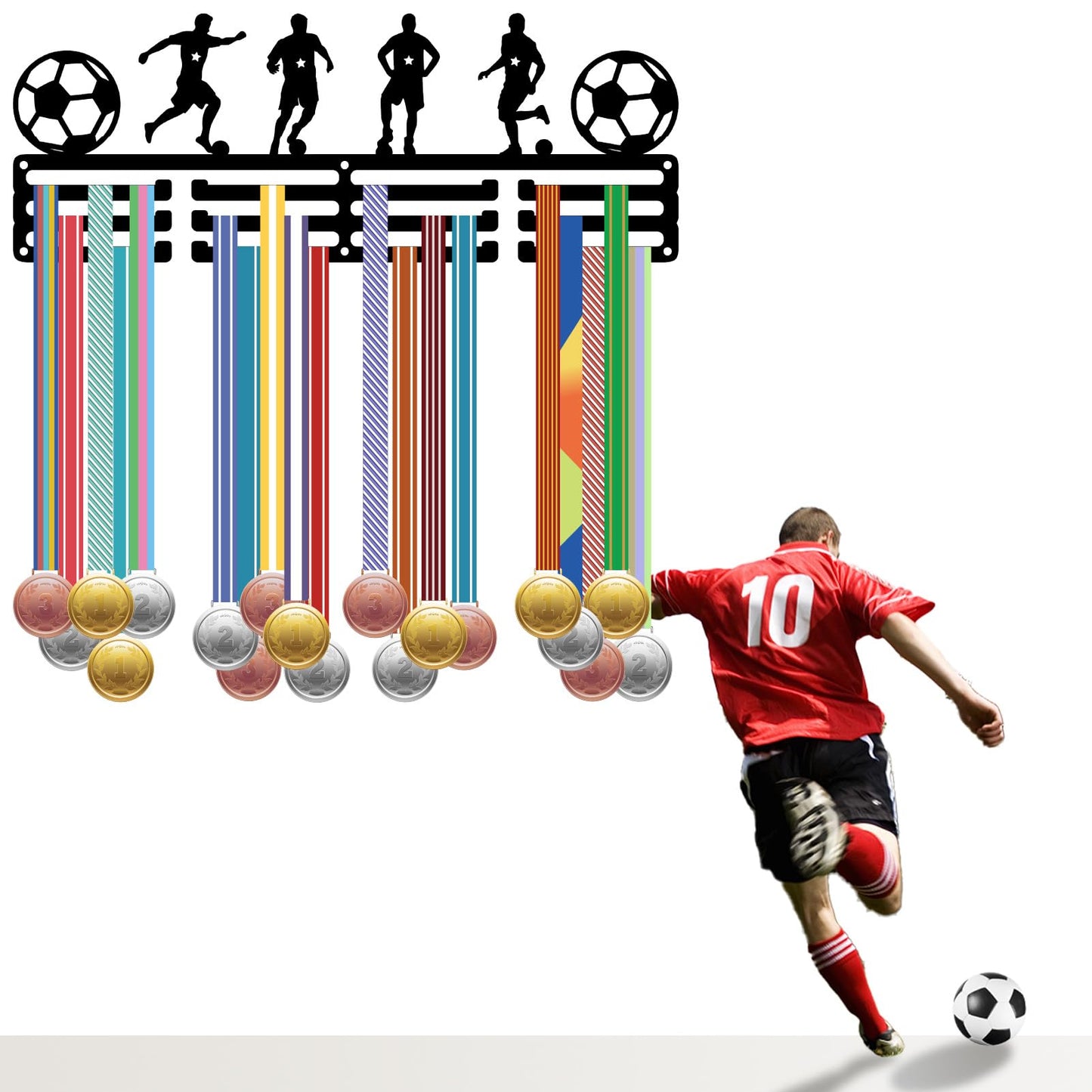 CREATCABIN Football Medal Holder Soccer Award Display Sports Race Medals Ribbons Organizer Metal Hanging Rack Iron Mount Decor for Wall Frame Home Badge Medalist Athlete Running Black 15.7x5.9 Inch